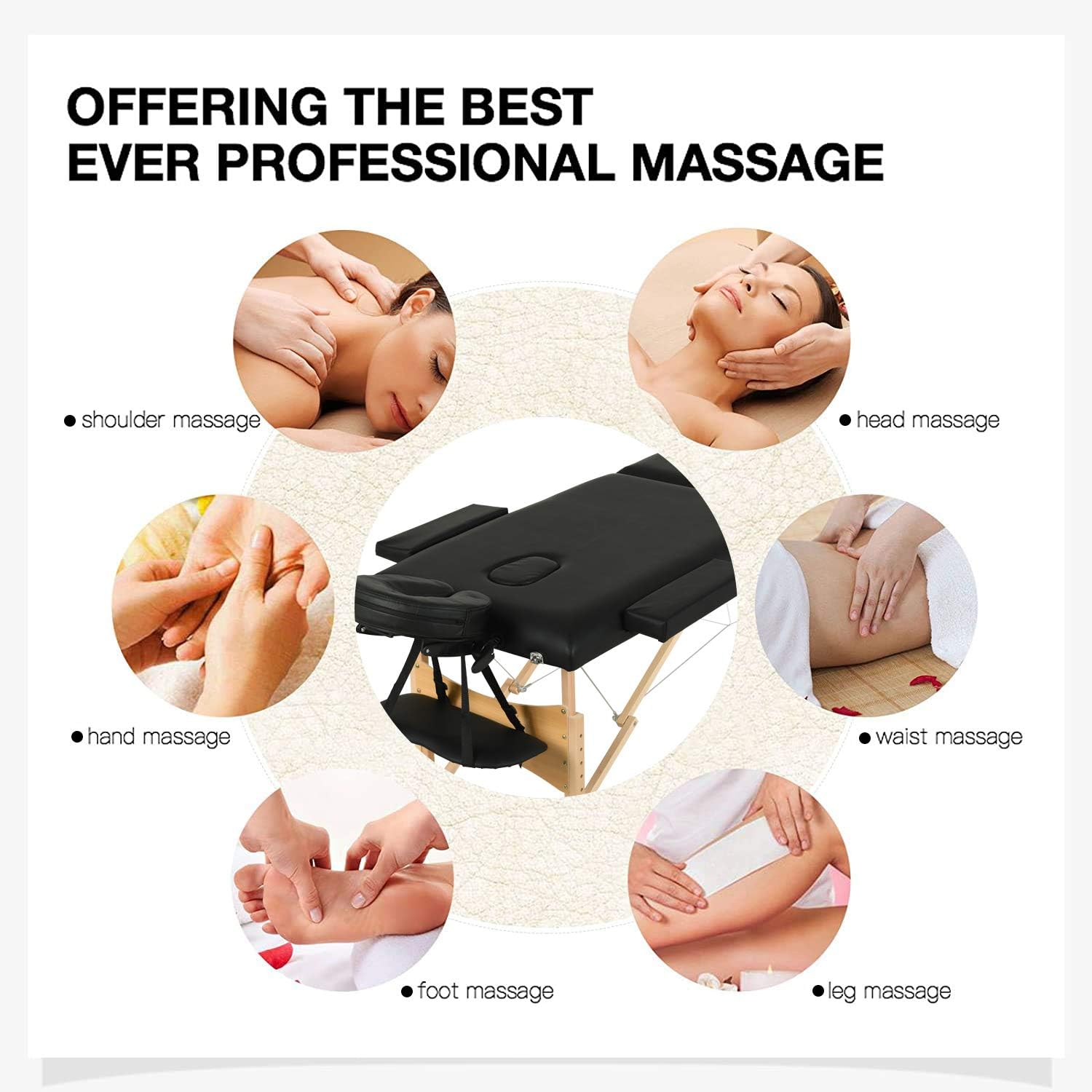 Diagram showing various massage applications on the Wuiil Uenjoy Folding Massage Table including shoulder, head, hand, foot, leg, and waist massage