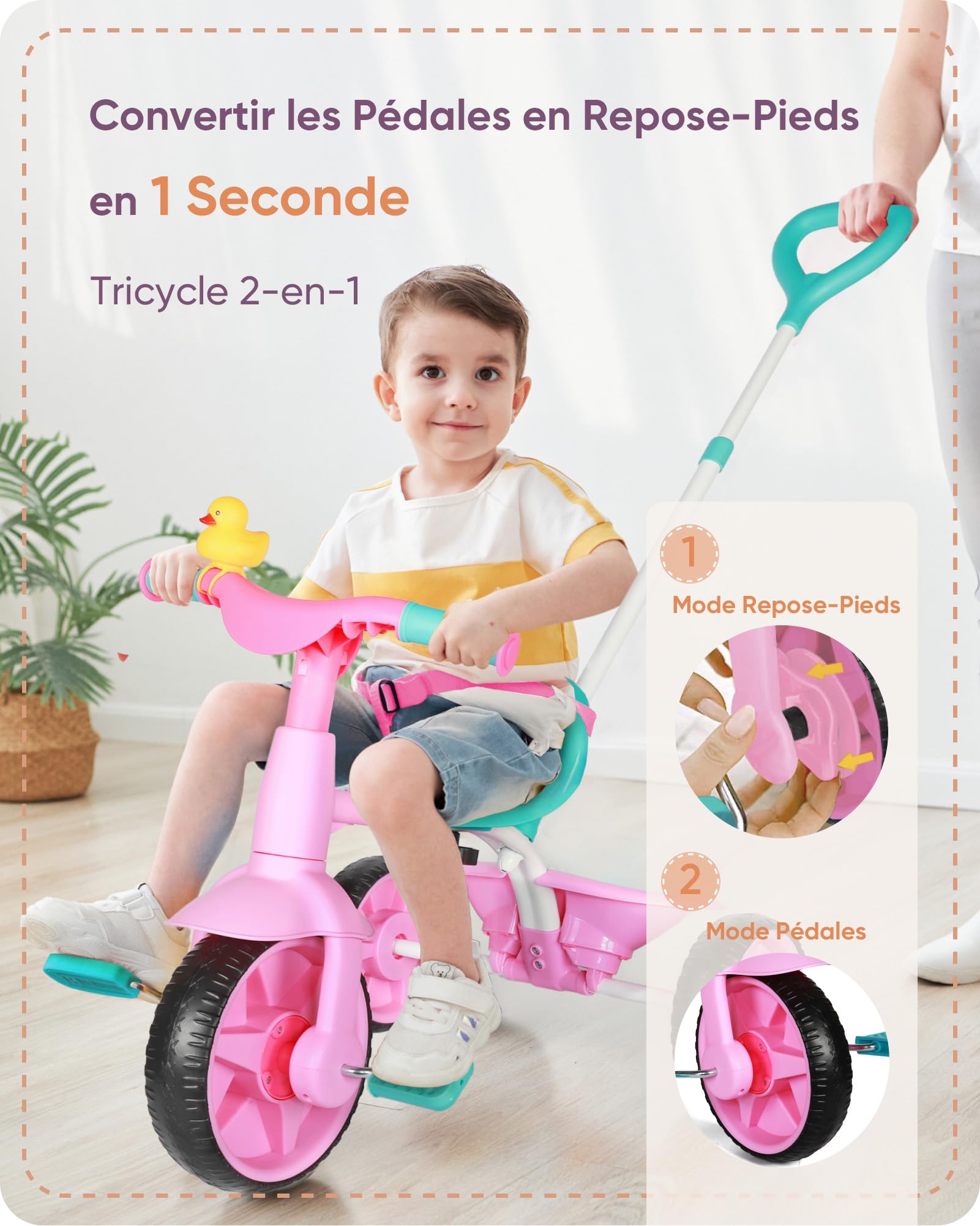 KRIDDO Tricycle 2 en 1 pour Enfants de 18 Mois à 3 Ans, Roues EVA, Cadeau avec Poignée de Poussée et Klaxon en Forme de Canard, Vélo Draisienne, Rose