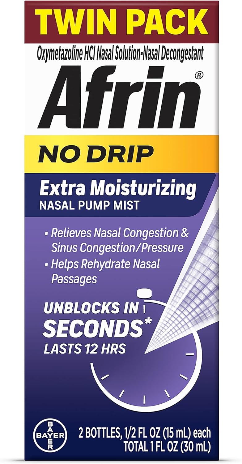 Afrin No Drip Extra Moisturizing Pump Nasal Mist Twin Pack, Congestion Relief, 1 Fluid Ounce Total (0.5 FL OZ Bottles) (Packaging May Vary) : Health & Household