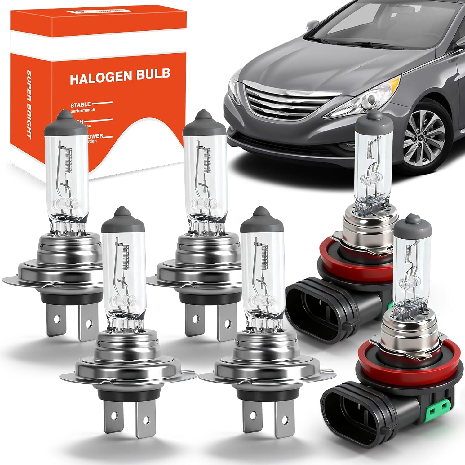 OQSNCV Fit for Hyundai Sonata 2011 2012 2013 2014 Halogen Headlight Bulbs, H7 High Beam + H7 Low Beam Headlamp Replacement Bulbs Kit, Pack of 4