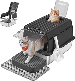 Feandrea Katzenklo Edelstahl, Katzentoilette mit Deckel, mit Schaufel, Katzenstreumatte und 2 Eingängen, für Katzen bis 15 kg, schwarz PPT007B101