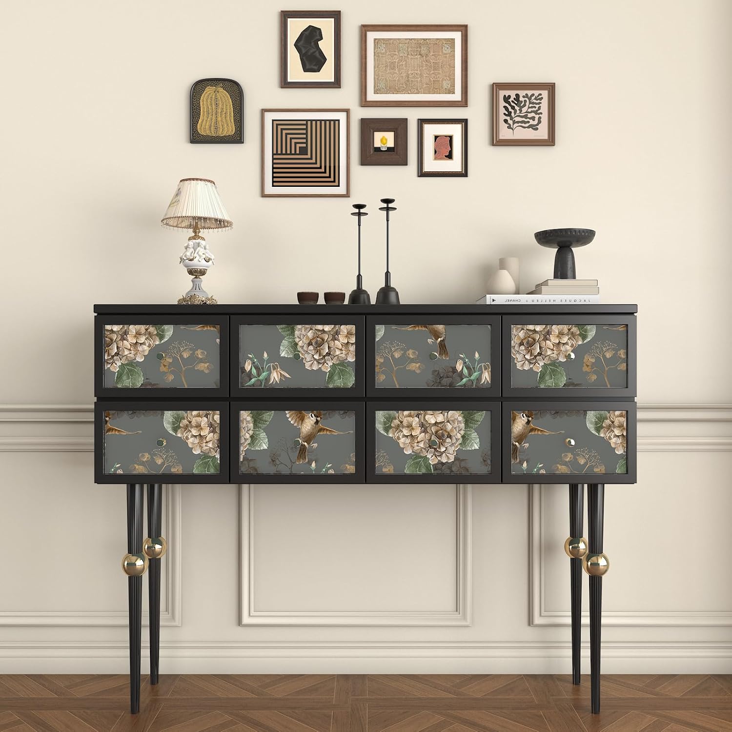 Pewter Green Hydrangea Wallpaper Prepasted Floral Peel and Stick Wallpaper Boho Sparrow Bird Floral Wall Paper for Bedrooms Bathroom Waterproof Removable Vintage Flower Wall Mural 17.7"x472"