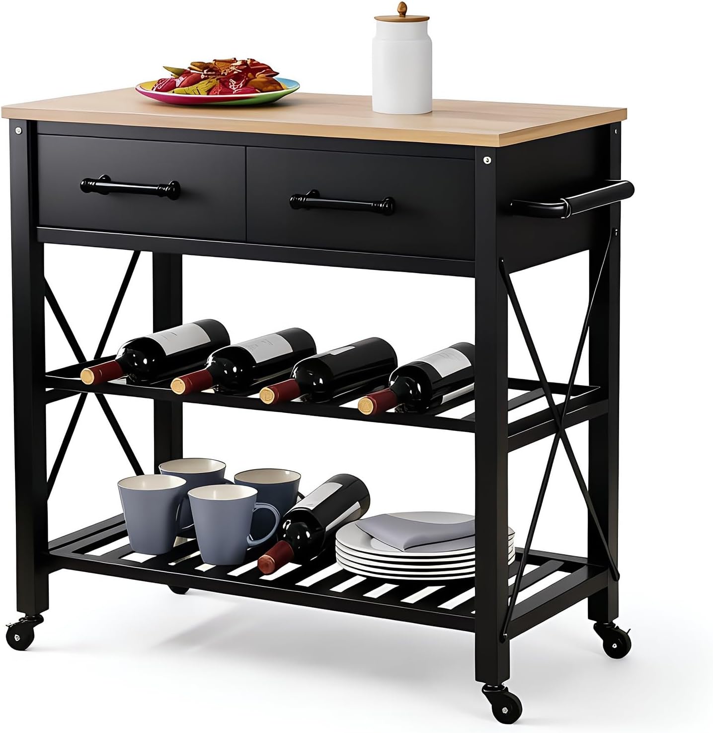 Storage Trolley Rolling Kitchen Island Cart with Drawers Wood Top Open Shelves Mobile Storage Trolley Shelving Organizer
