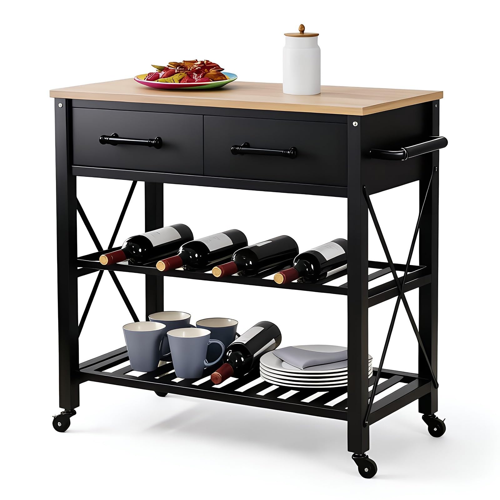 Mobile contenitore per cucina ad isola Carrello da cucina con rotelle for isola cassetti portaoggetti mobile ripiani aperti e piano in legno