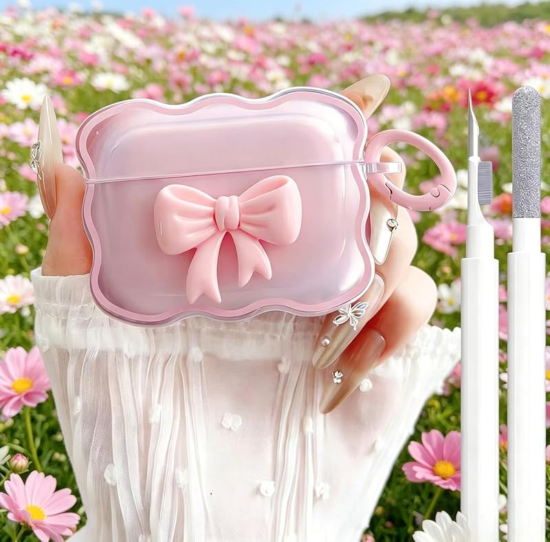 Cute JBL Vibe Beam/Beam 2 Clear Case, Girly 3D Bow Design Soft TPU Protective Shockproof Kawaii JBL Vibe Beam 2/200tws Cover with Cleaner Kit & Keychain Girls Women Pink