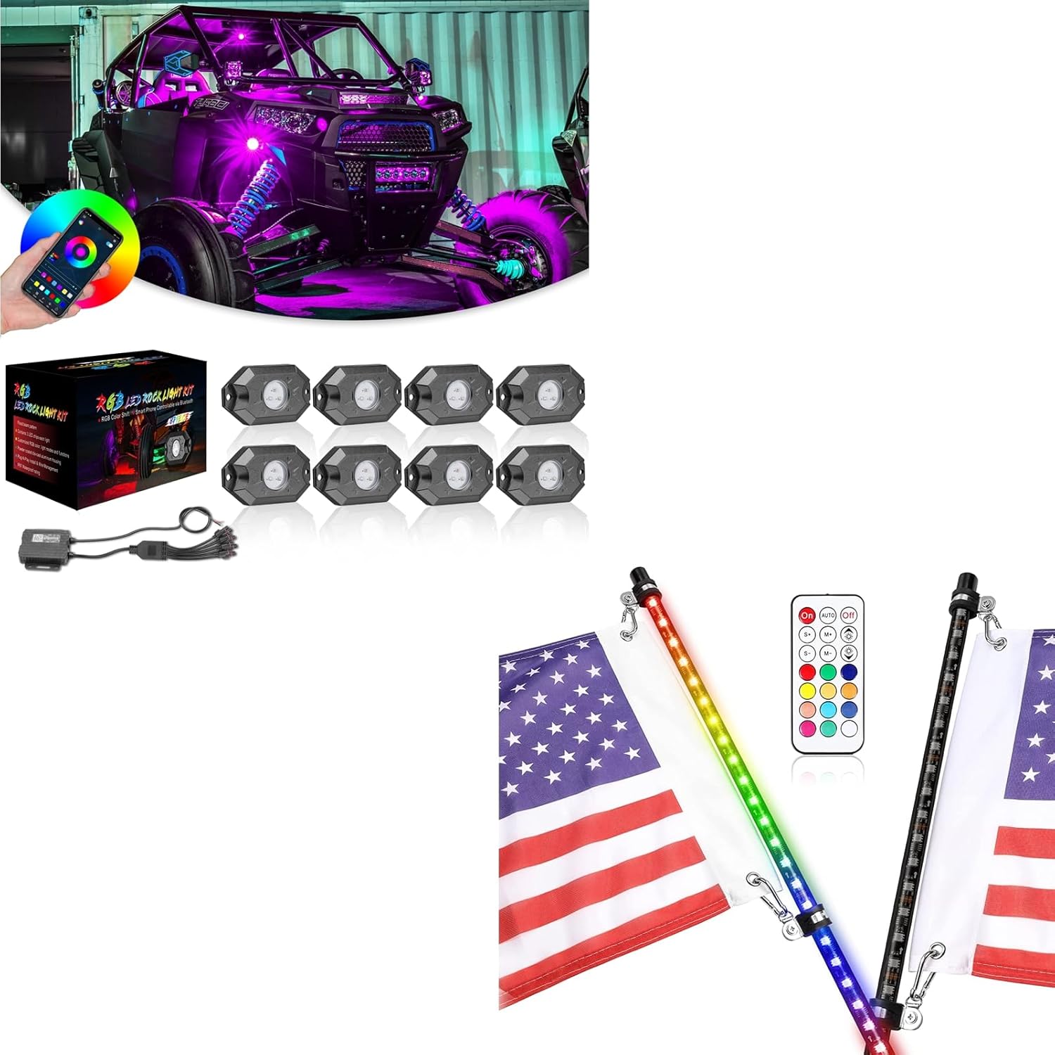 Niwaker RGB Rock Lights Kits 8 Pods with 4ft Smoked Black LED Whip Light