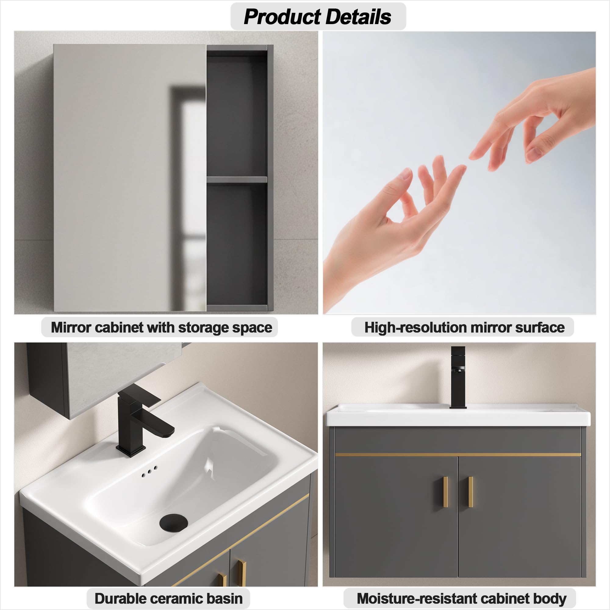 Set di mobili da bagno 60cm con lavabo e armadietto a specchio, mobiletto sottolavabo a parete in legno di pino, lavabo in ceramica con rubinetto e scarico, set di mobili da bagno per bagno (grigio