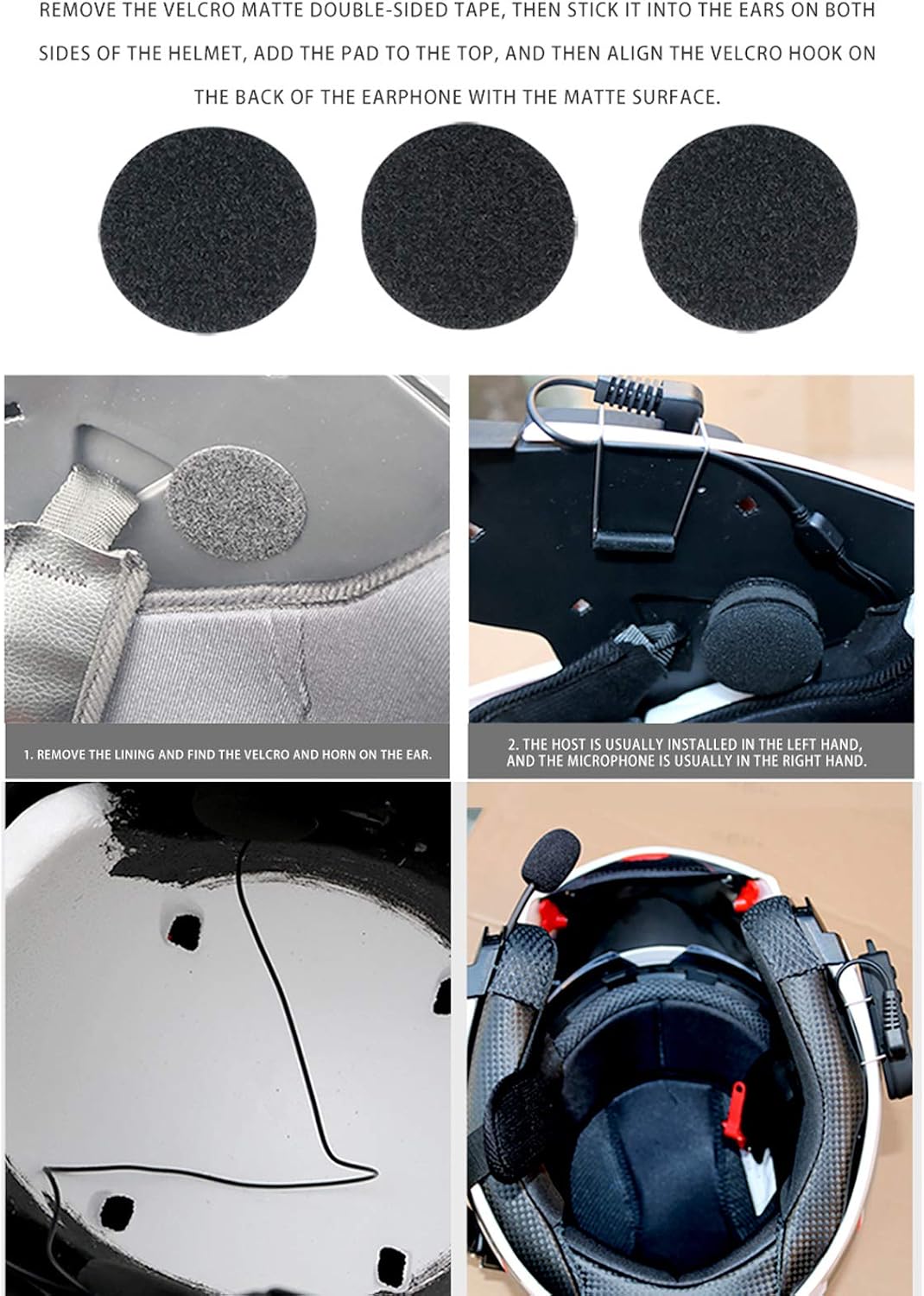 Detailed installation steps showing velcro placement, speaker attachment, microphone slot, and microphone sticker for the helmet headset