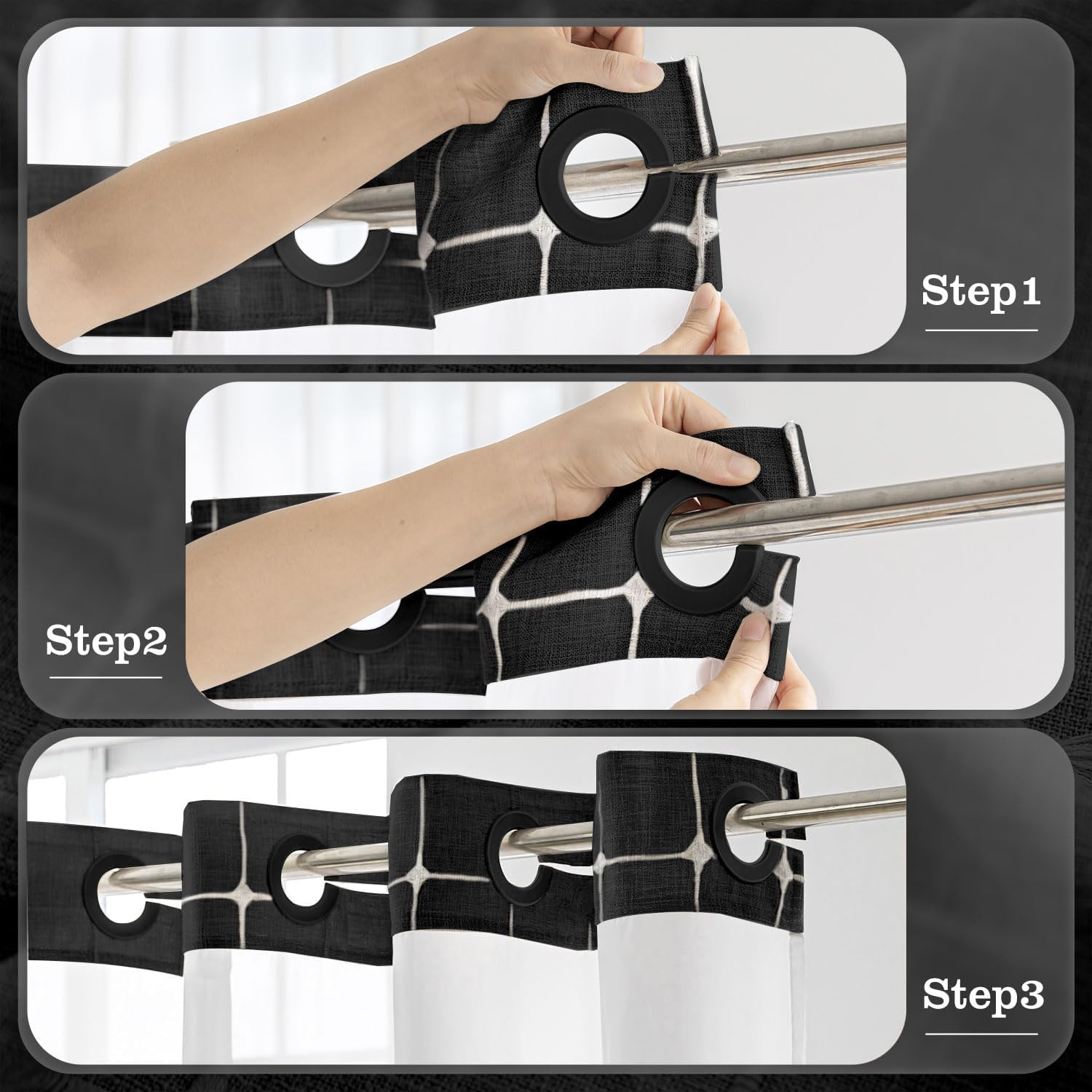 Farmhouse Shower Curtain with Snap-in Liner, No Hooks Needed Fabric Shower Curtains with Tassels for Rustic Bathroom Decor, with Window,with Magnets,Water Repellent&Machine Washable,Black,71x74Inch