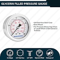 Vista 92 de MEASUREMAN - Manómetro hidráulico relleno de glicerina, totalmente de acero inoxidable, tamaño del dial de 2.5 pulgadas, montaje inferior NPT de 1/4