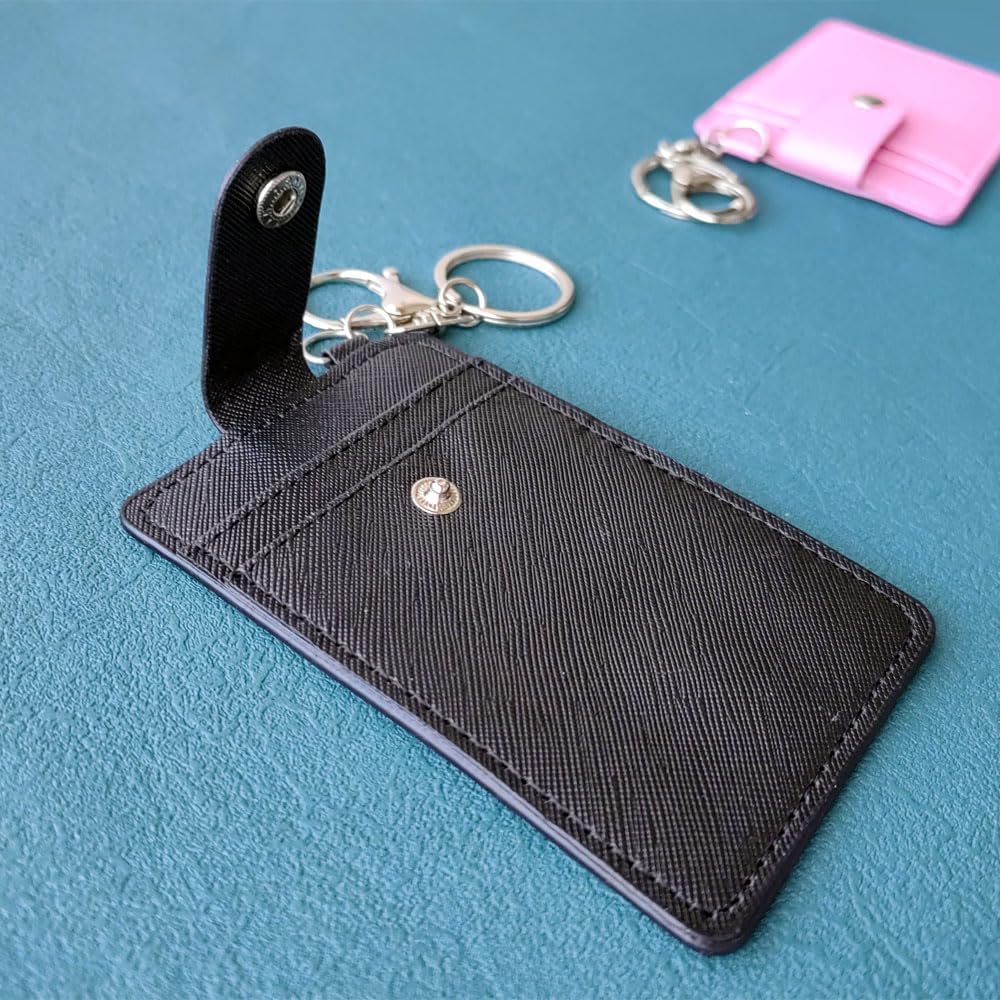 2 Pack Slim Credit Card Holder Back/Front Pocket Purse Wallets, Faux Leather ID Badge Holders for Carrying Keys, Metro Cards, with Metal Clasps&Key Rings