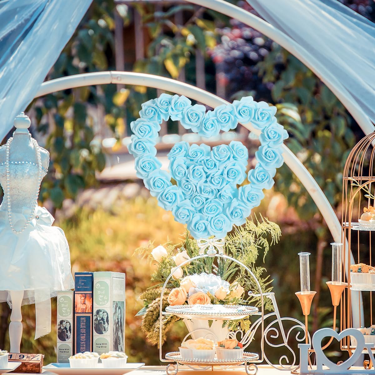 100PCS Baby Blue Foam Roses Artificial Flowers Blue Foam Flowers Bulk Stemless Fake Roses for DIY Wedding Centerpieces Arrangements Party Baby Shower Home Decor(Baby Blue) - Image 2