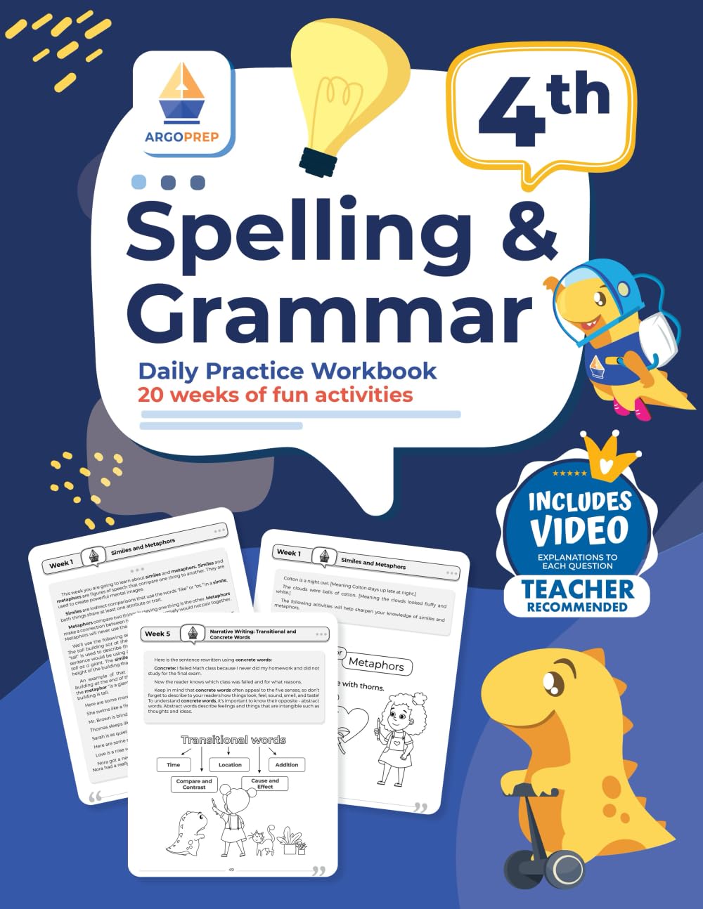 4th Grade Spelling and Grammar Daily Practice Workbook: 20 Weeks of Fun Activities | Video Explanations | Homeschooling & Classroom Resource
