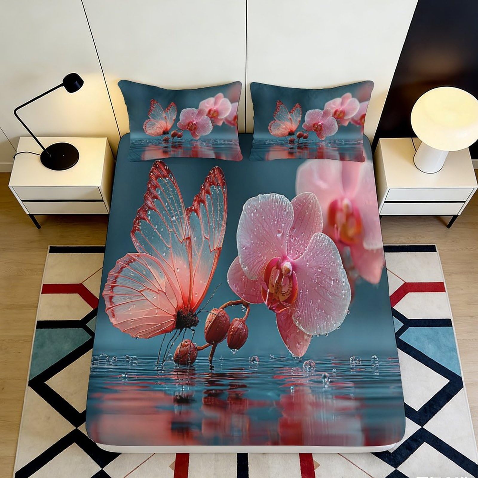 Jqzkxnhpbr Style-3 3D Printed Butterfly Orchid Fitted Sheet Microfiber Soft Pink Blue Bed Cover For Bedroom Dorm Mattress Decor 90X200x25cm