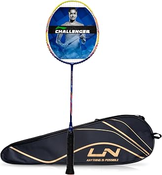 Li-Ning Challenger Boost Carbon Graphite Strung Badminton Racquet, 84 Grams, 30 Lbs String Tension and Free Full Cover Navy/Lime