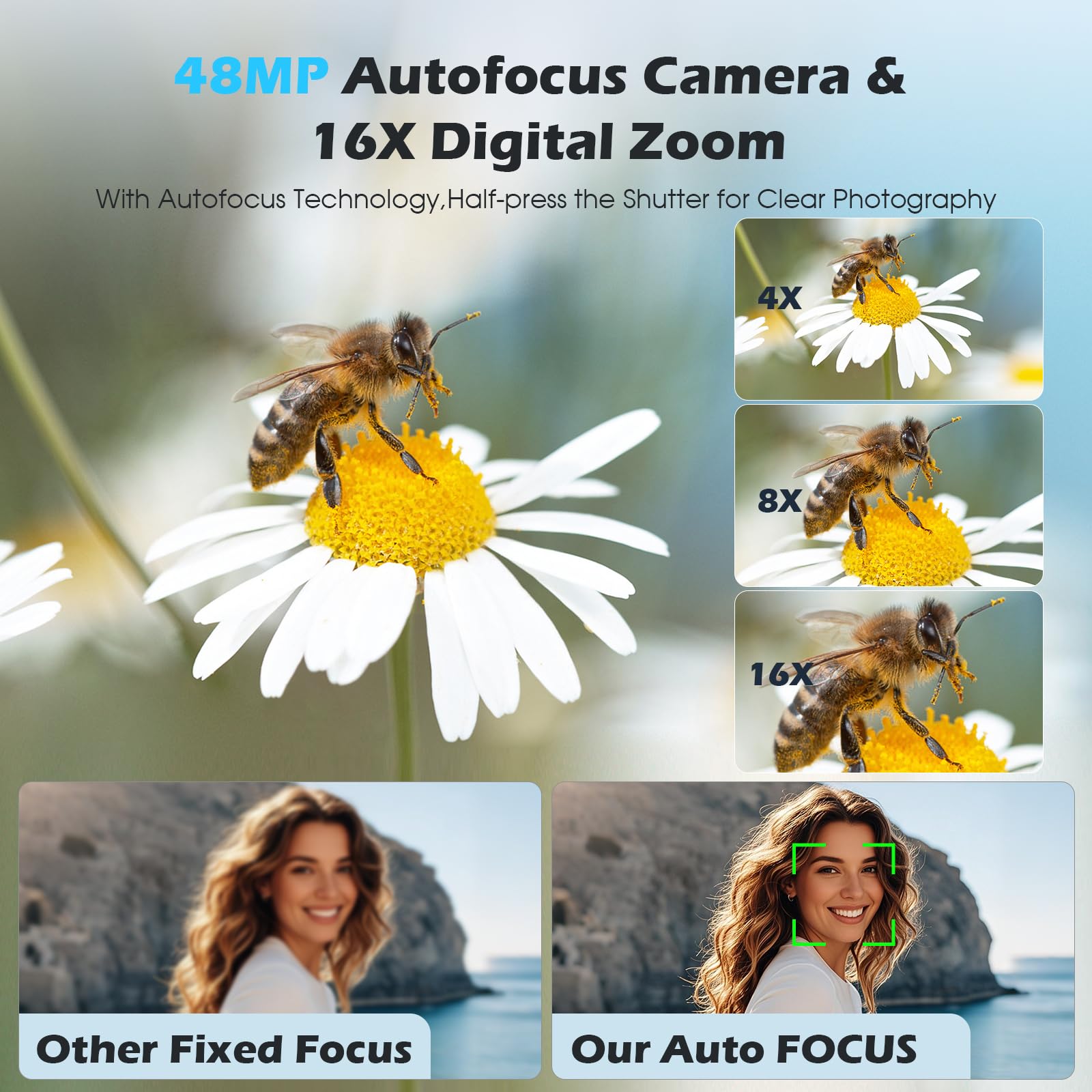 Cámara digital 4K de 48 MP, autofocus, compacta con tarjeta de 32 GB, pantalla abatible de 3 pulgadas y 180°, zoom digital de 16 x con 2 pilas para principiantes (blanco) | Autofocus, 3 pulgadas, 180°, cámara compacta con zoom digital 16X, cámara compacta