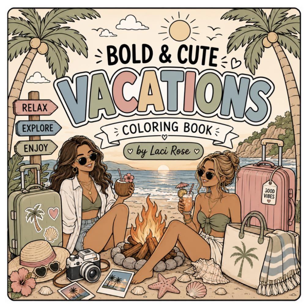 BOLD & CUTE VACATIONS: A Relaxing Tropical Travel Coloring Book for Adults and Teens Featuring Beach Getaways, Cozy Campfires, Summer Adventures, Cute Vacation Scenes, and Stress Relieving Designs