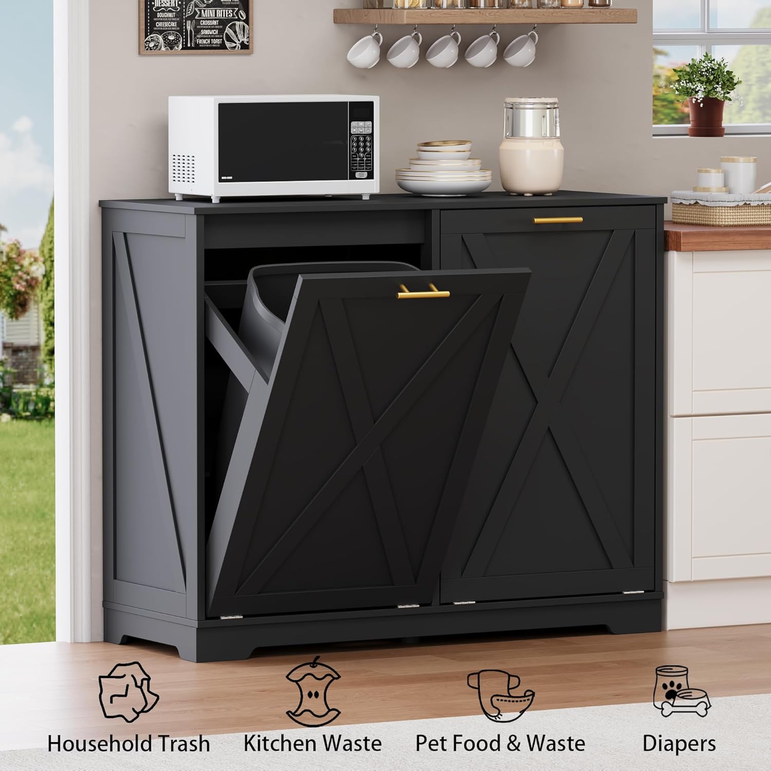 Double Tilt Out Trash Can Cabinet, Wooden Farmhouse Kitchen Garbage Bin Enclosure with Negative Ion Odor Control, Hidden Dog Proof Trash or Laundry Basket Storage for Laundry Room, Black