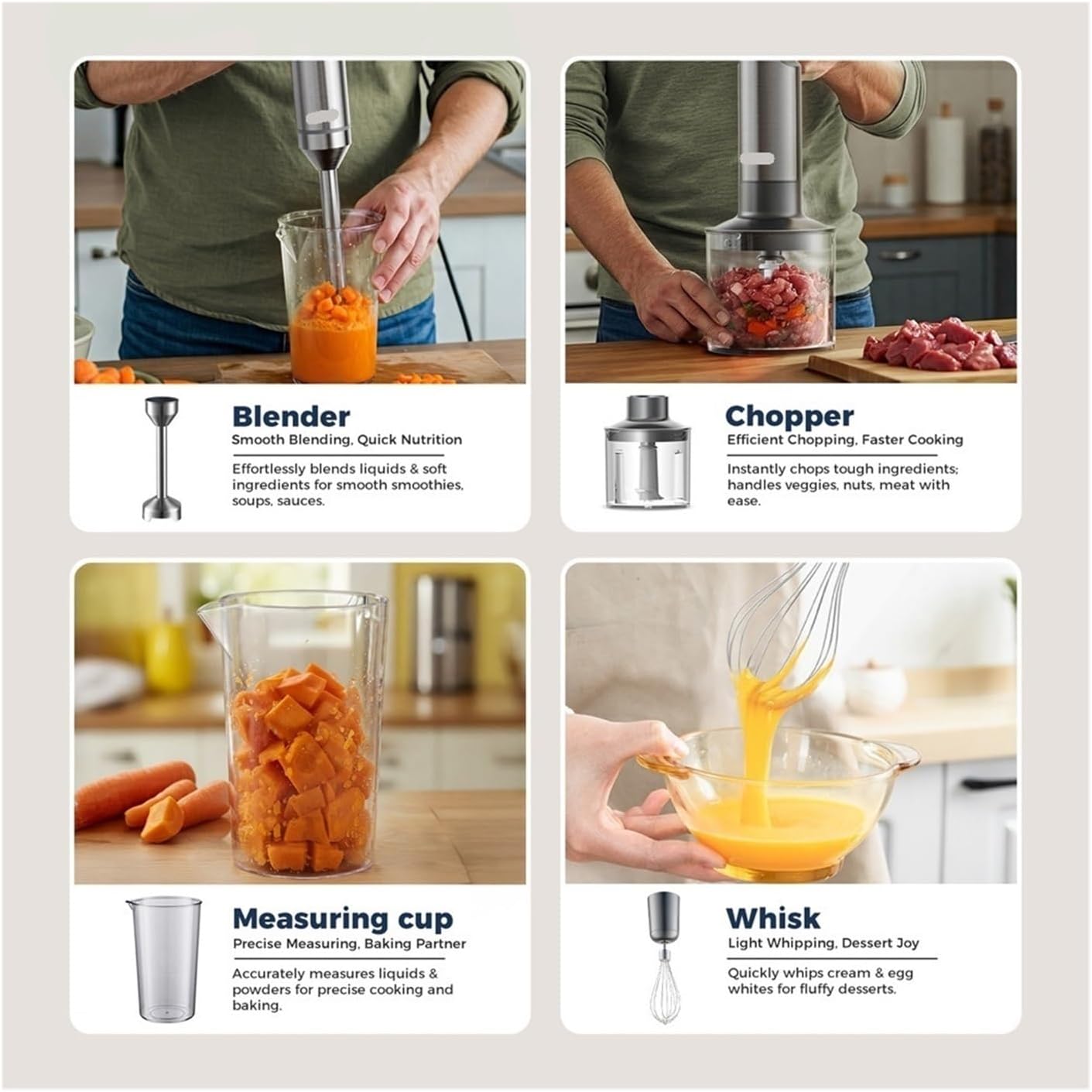 Hand Immersion Blender Powerful 4-in-1,Stainless Steel Stick Food Mixer,700ml Mixing Beaker,500ml Processor,Whisk(US)