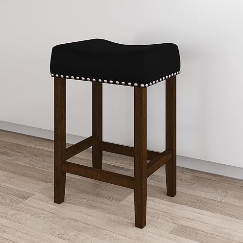 Miniatura 8 de Nathan James Hylie Taburete de bar de madera con tachuelas de tapicería para cubierta de cocina, altura de pub, 29 pulgadas, negromarrón oscuro