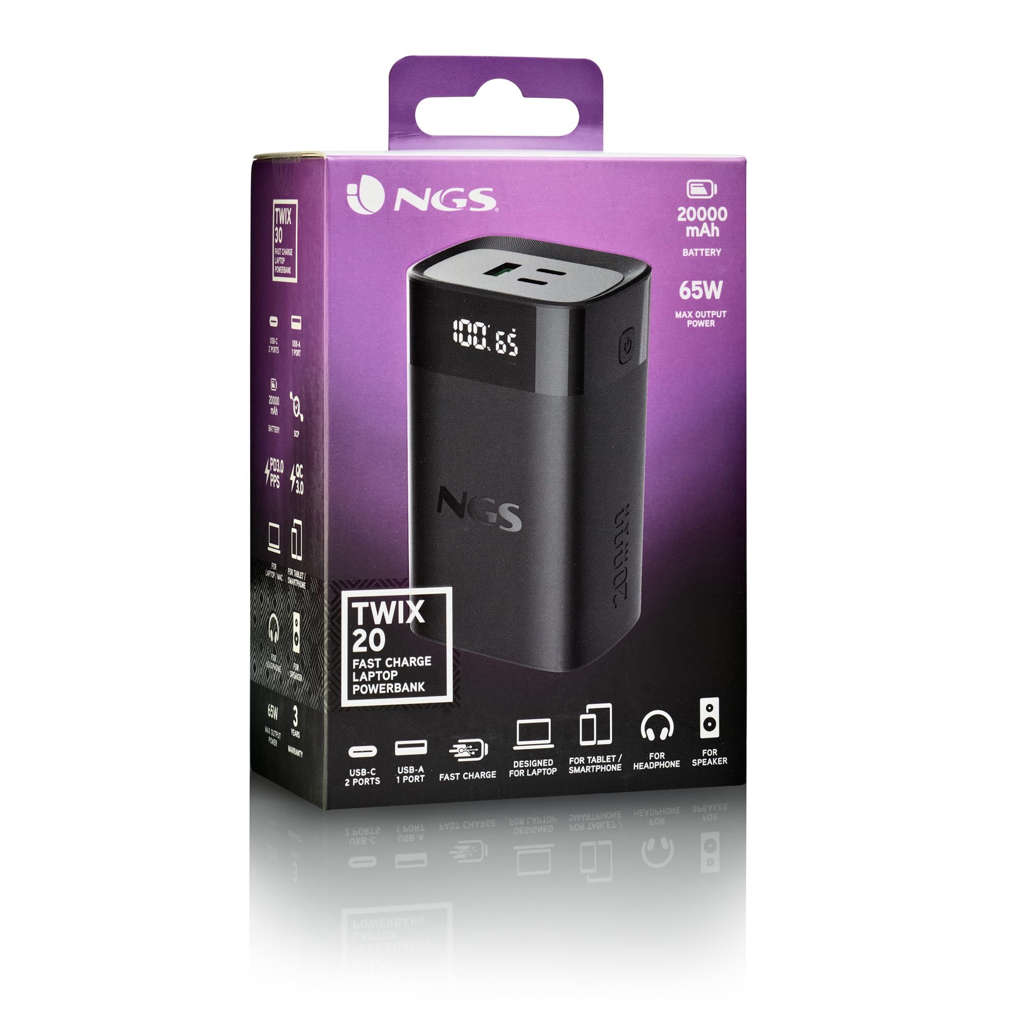 NGS Twix 20 - Batería Portátil 20000mAh, 65W Carga Rápida, USB-C 20W y USB-A QC 22,5W, Pantalla LED Precisa, Compacta y Ligera, Compatible con iPhone, Samsung, Xiaomi, Huawei, Laptop