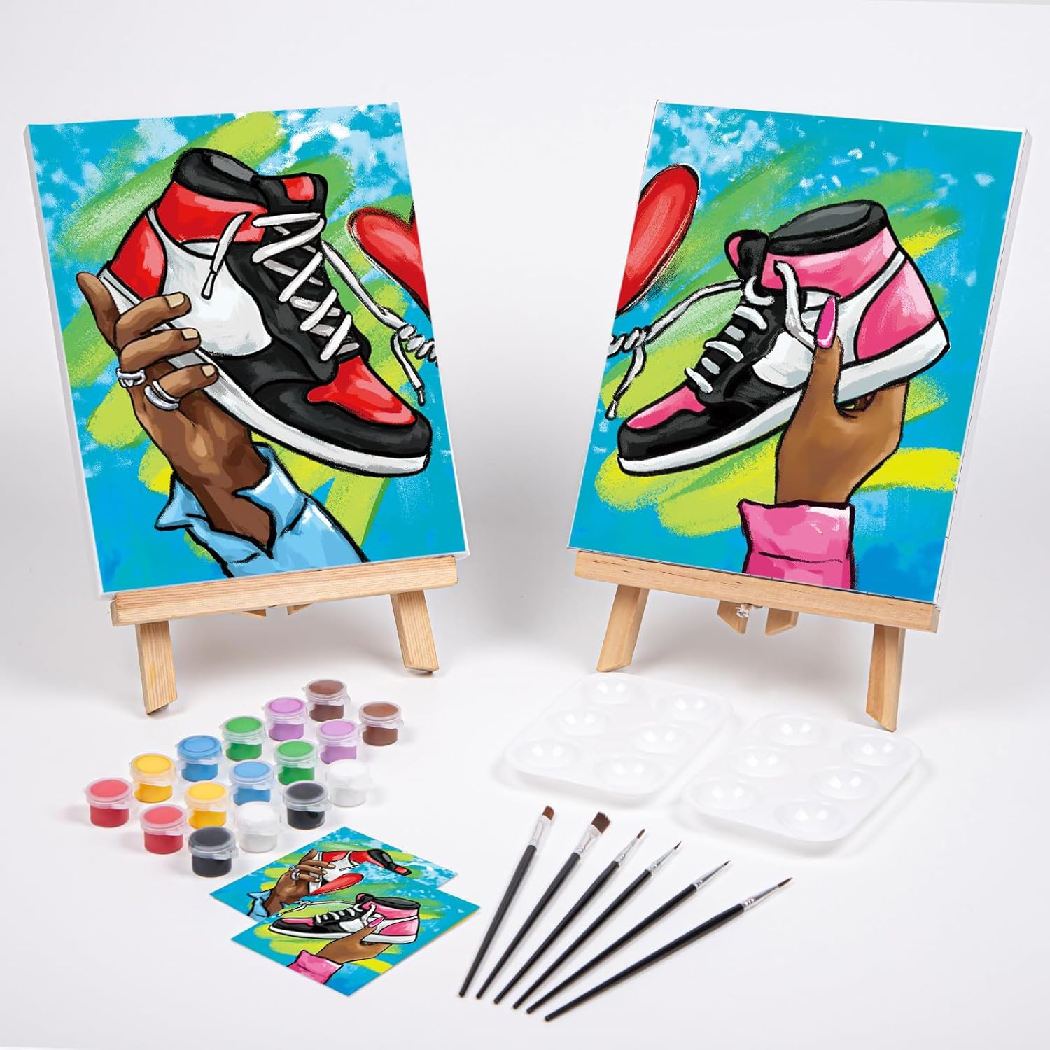 VOCHIC 2 Pack Couples Paint Party Kits Pre Drawn Canvas for Adults Paint and Sip Kit Date Night Games for Couples Painting Valentine's Day (12x16 Inches, Sneakers)