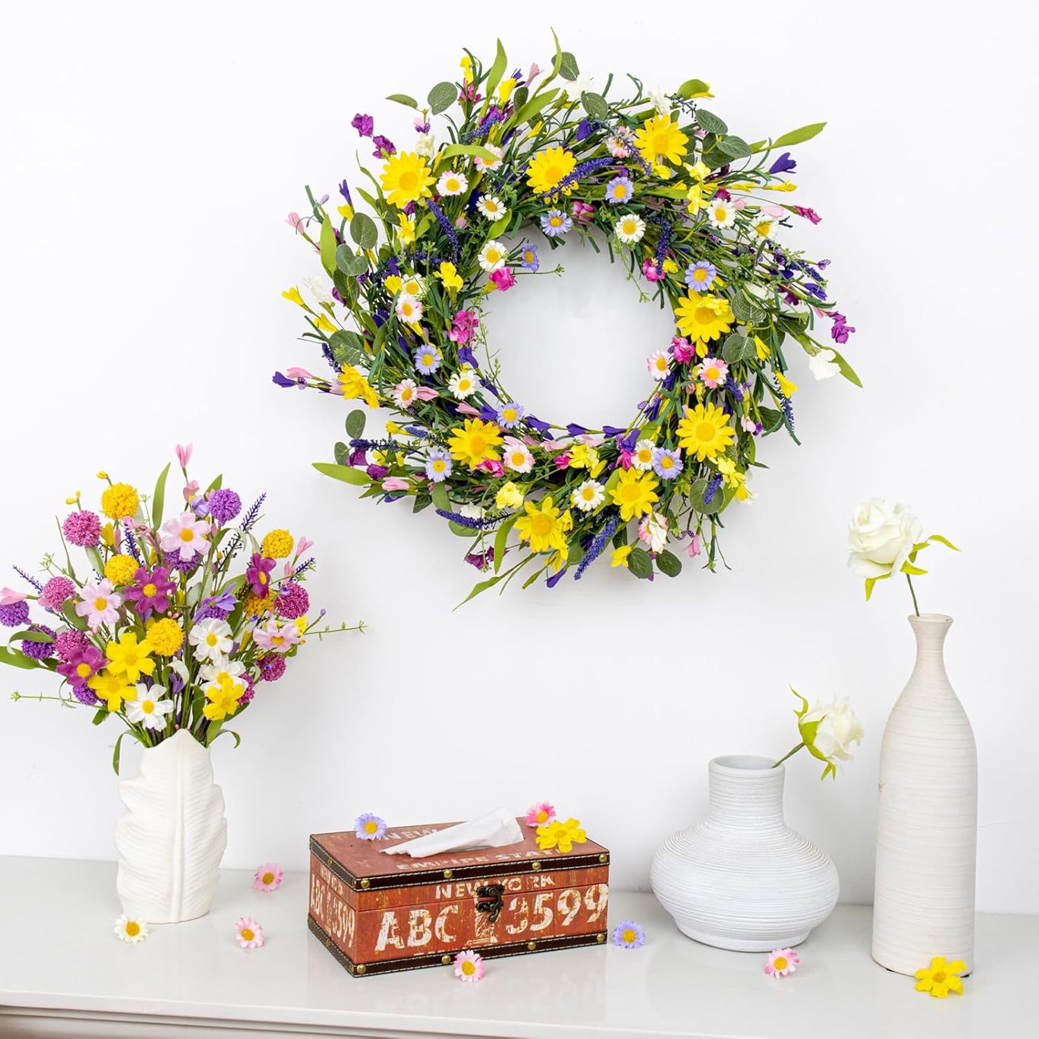 Spring Decorations for Home 22" Spring Wreath Artificial Summer Wreaths with Eucalyptus Leaf Lavender and Daisy for Easter Indoor Outdoor Home Festival Celebrations - Image 2
