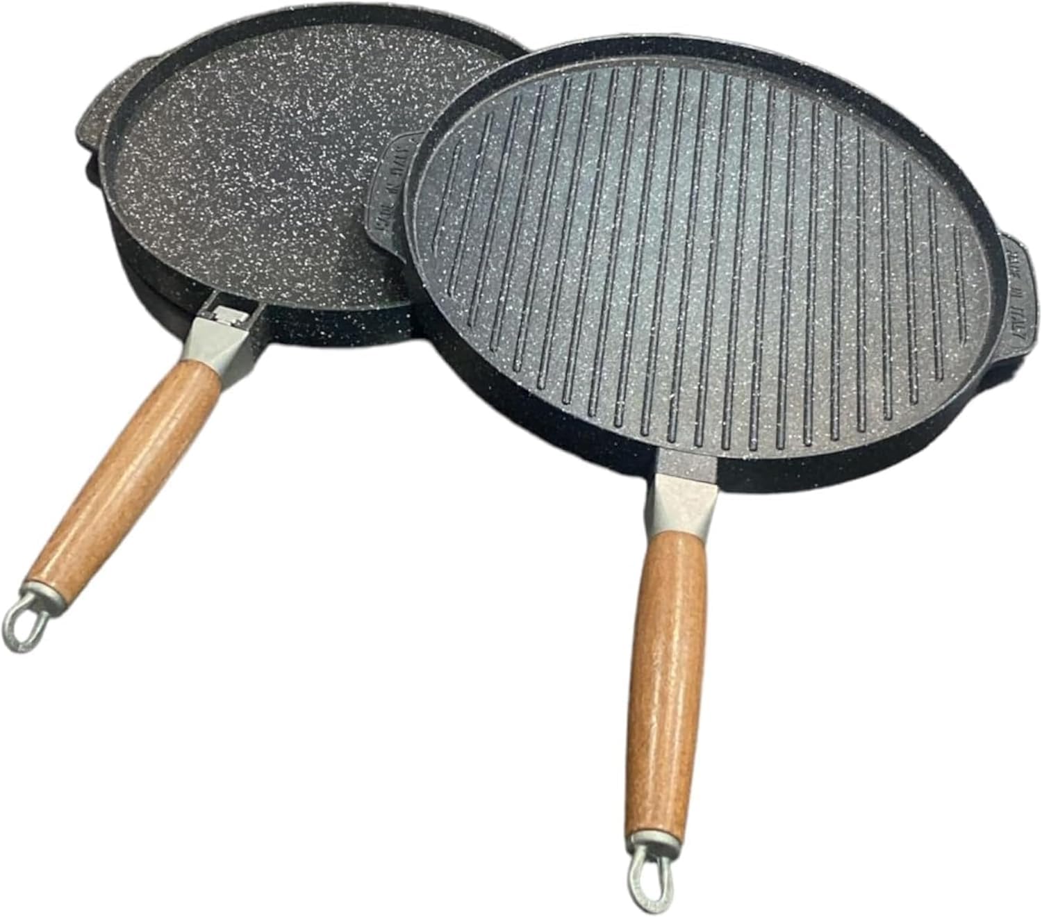 fashion home Pagano Padella Doppia Piastra Bistecchiera Pietra Antiaderente, Lato Grill e Liscio, Manico Removibile, Diametro 36 cm, Rivestimento Antiaderente
