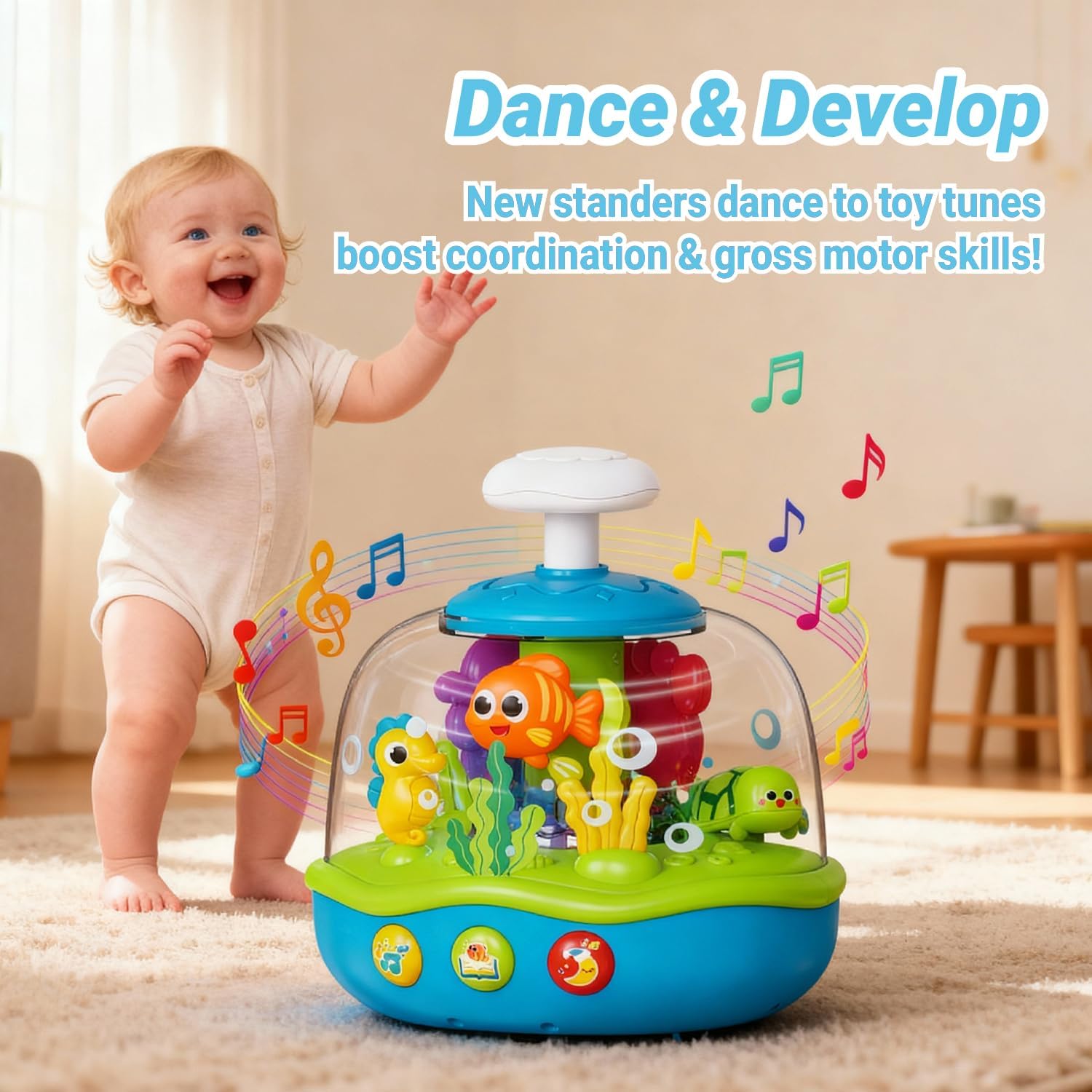 MoraBaby Baby Toys 6-12-18 Months, Press & Spin Ocean Musical Light Up Toy | Bilingual Learning Educational Cause and Effect Toy for 1 Year Old Boy & Girl, Birthday Gifts for 1-3 Year Old