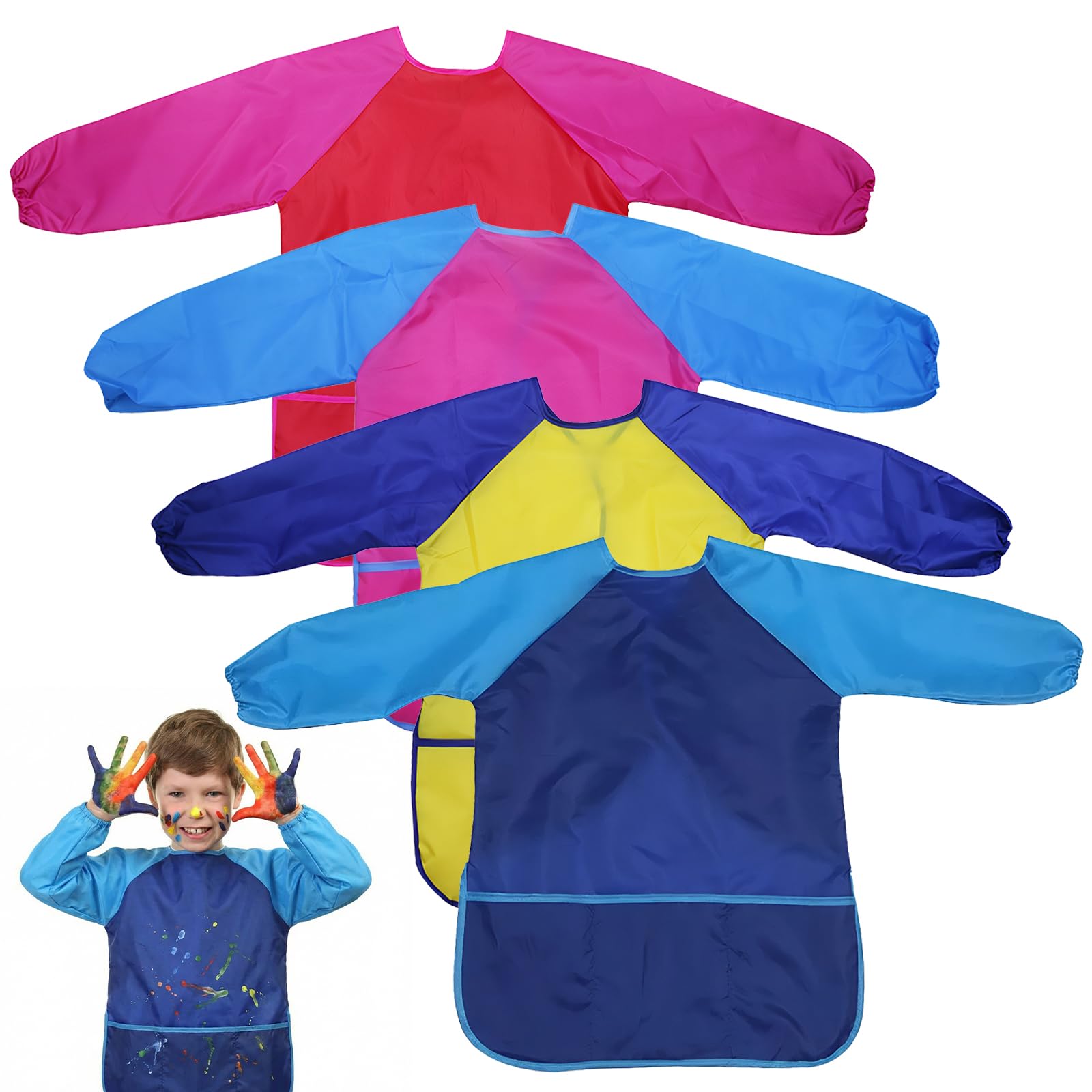 llikknve 4 Pack Kids Painting Aprons,Art Aprons Smock,Craft Apron with Pockets and Long Sleeves,Waterproof,for Painting,Cooking,Eating,Arts & Crafts Paint Apron