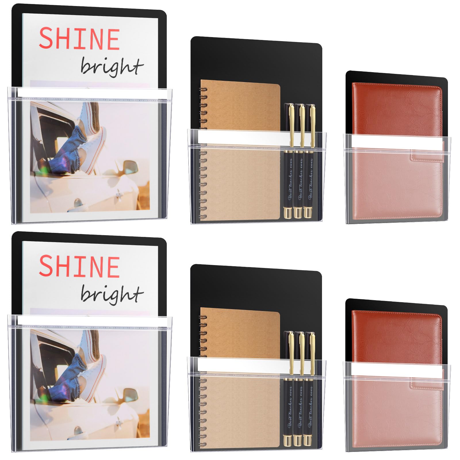 Ctosree 6 Pcs Magnetic File Holder 3 Size Magnetic Pen Holder Refrigerator Magnet Organizer Wall Fridge Pockets Planners Mail Storage Case Pencil Cup for Metal Cabinet Lockers (Black)