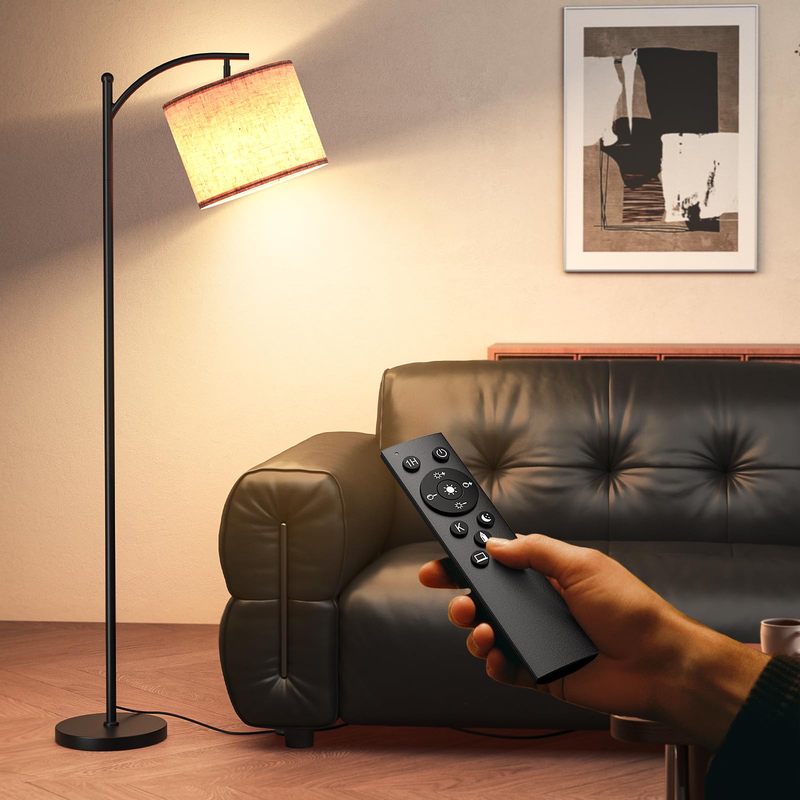 Stehlampe Wohnzimmer Dimmbar, Modern Standleuchte mit 3 Farbtemperaturen, Beigen Leinen-Lampenschirm, 12W Glühbirne inklusive, Fernbedienung und Fußschalterfür Wohnzimmer, Schlafzimmer, Büro