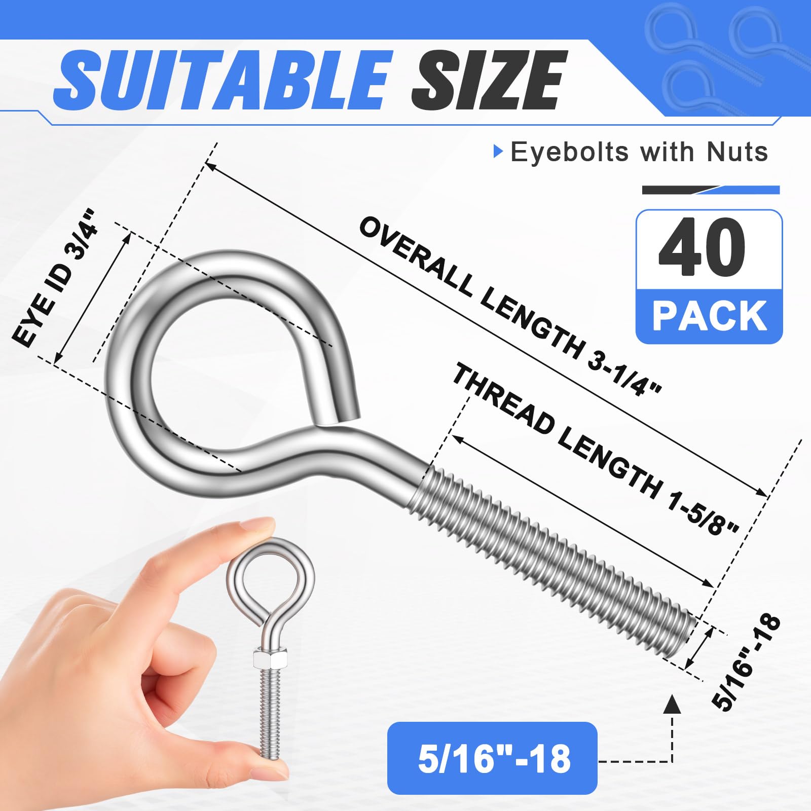Confezione da 40 bulloni ad occhiello da 5/16-18 x 3-1/4 con dadi in acciaio zincato, ganci a vite per appendere, instradamento e ancoraggio dei cavi, hardware resistente per mobili fai da