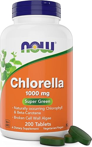 Now Chlorella Tablets, 1000 mg, 200 tabletas - Microalgas de primera calidad sin OMG - Suplemento superalimenticio verde