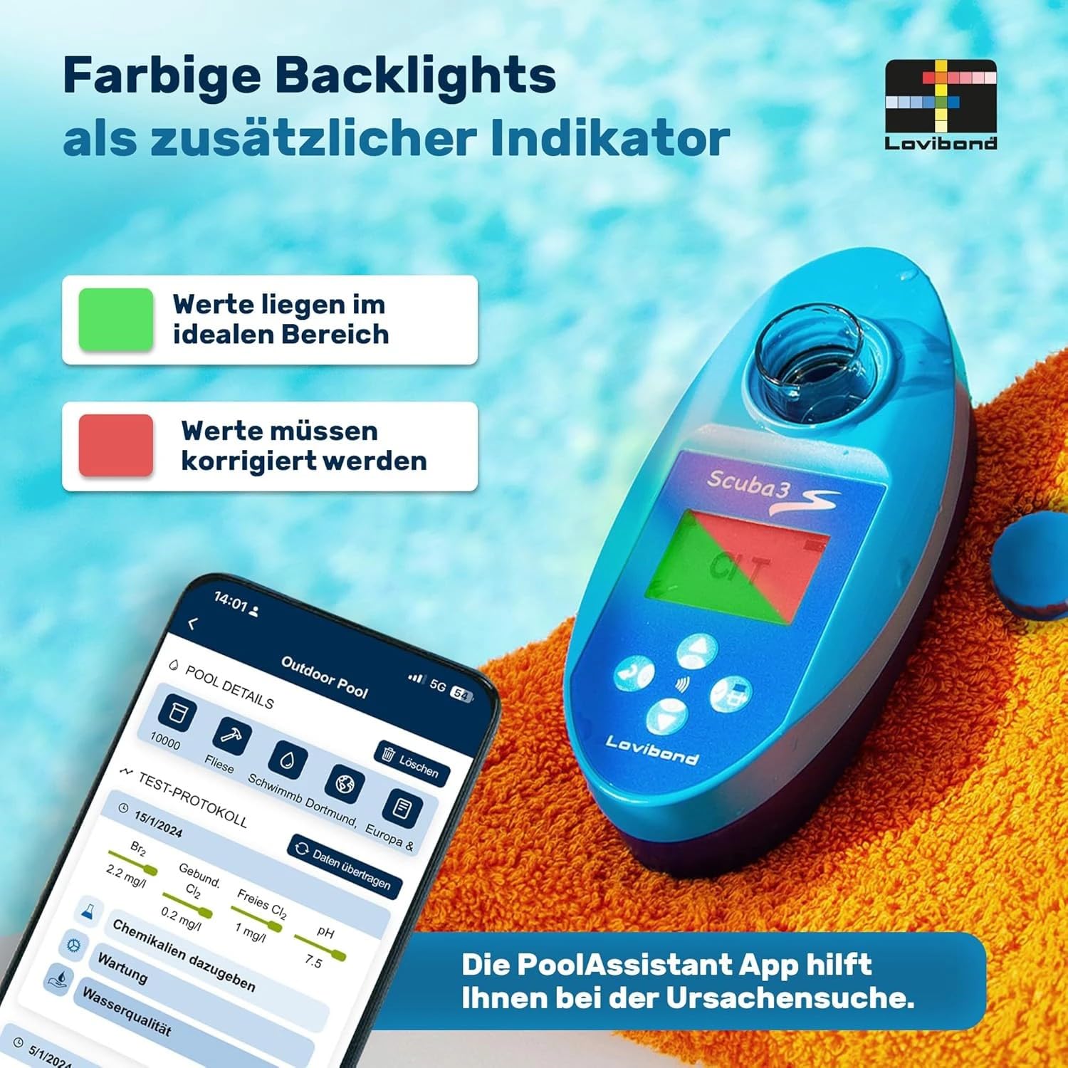Lovibond Scuba3s Pool Misuratore elettronico per piscina con NFC e applicazione - 11 parametri acqua - Qualità dell'acqua - Piscina IPX7 - Facile da usare