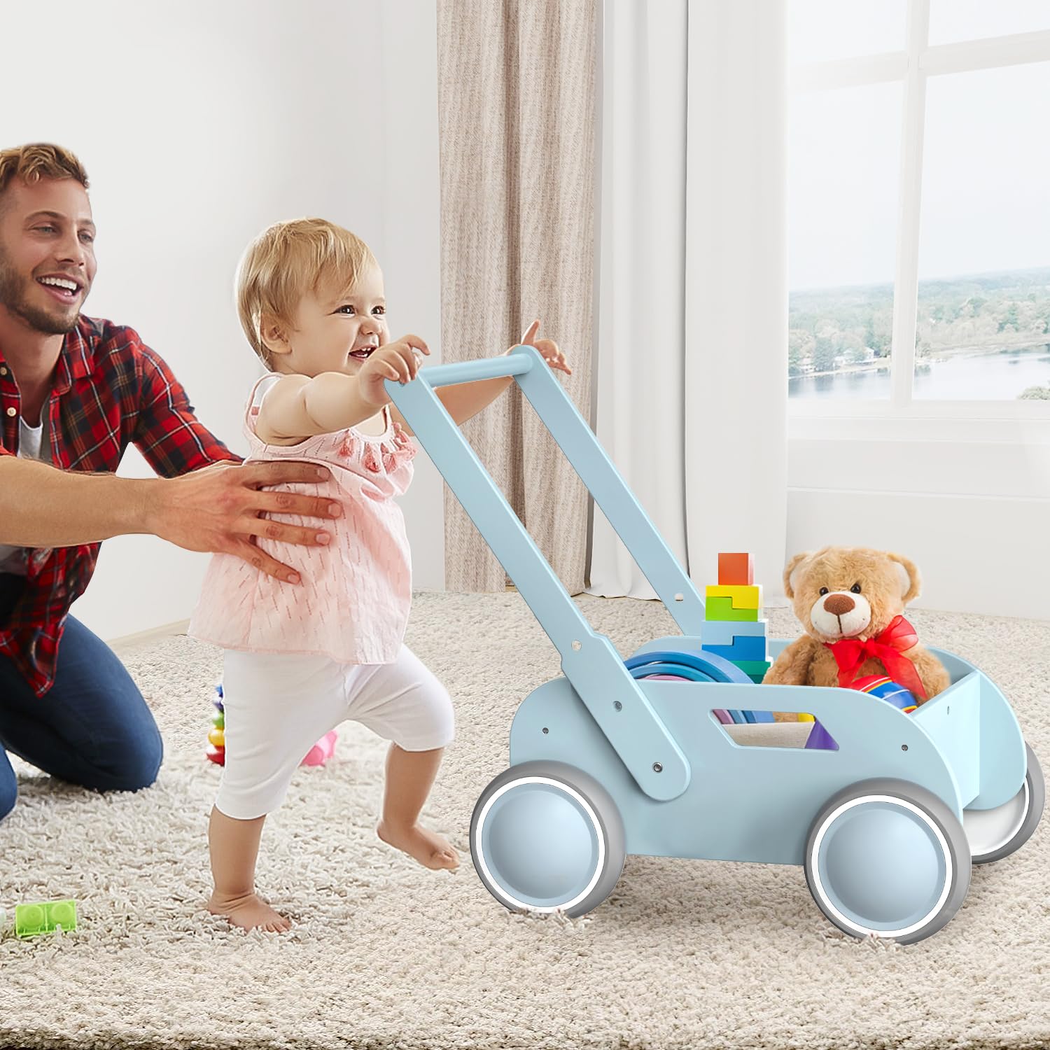 Lauflernwagen Holz, Baby Lauflernhilfe für Junge und Mädchen, Toddler Push & Pull Lauflernspielzeug, Kinderwagen aus Holz, Baby Walker mit Rädern, Geschenk für Geburtstag Weihnachten, Blau