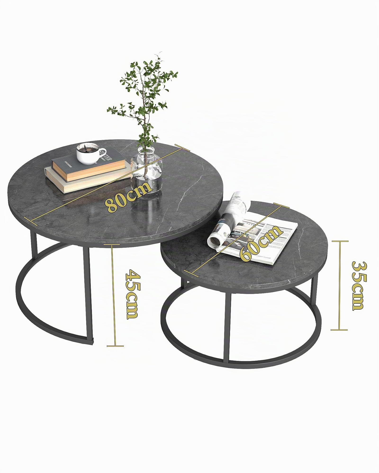 Runder Couchtisch Grau 2er Set 80+60 cm, Couchtisch Marmor Optik MDF Beistelltische Runder Tisch Wohnzimmer Modern, Metallgestell Dunkelgrau, Wasserabweisend, Grau
