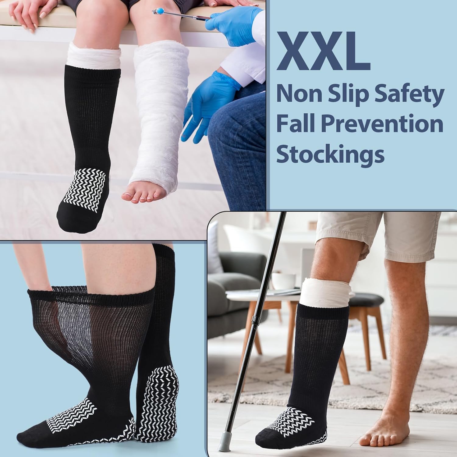 3 Pairs Bariatric Diabetic Socks Men Double Thread Extra Width Diabetic Non Binding Stockings XXL Non Slip Safety Hospital Socks with Grips for Seniors Patients Swollen Feet Lymphedema - Image 5