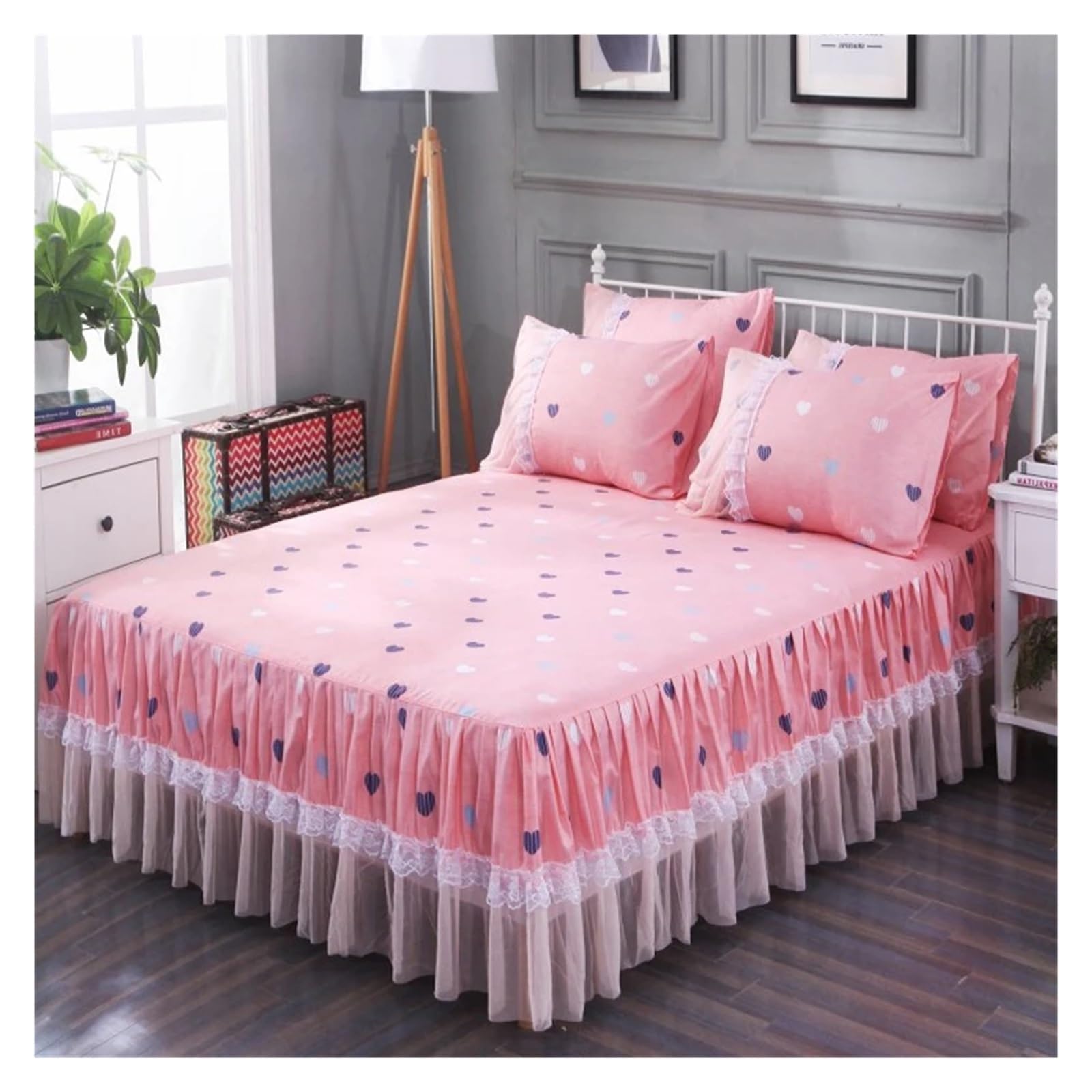Bed Skirt Pillowcase Bed Set Ruffle Three Layers Lace Bedspreads Sheet Soft Fitted Sheet Cover(13,2pcs pillowcase)