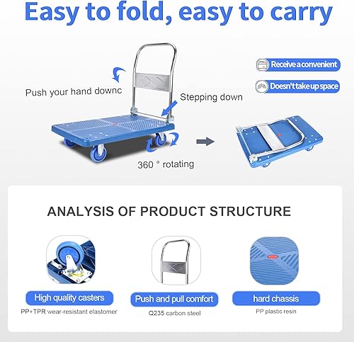 Miniatura 4 de Camión de plataforma con capacidad de peso de 440 libras y ruedas giratorias de 360 grados, carrito de mano plegable para carga y almacenamiento