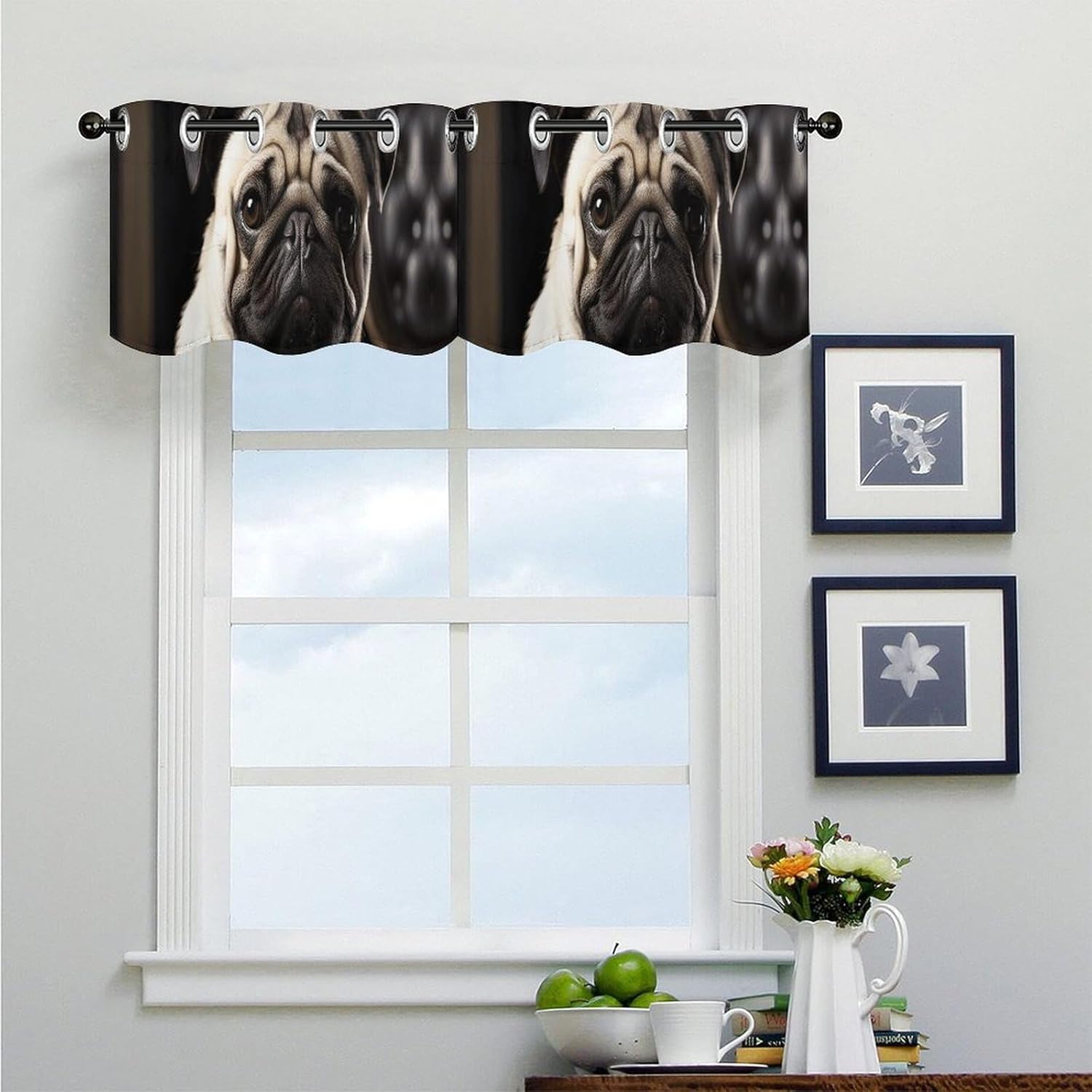 Cool Pug Dog Valance for Windows, 2 Pack Kitchen Curtains Modern Home Decor, Soft Blackout Window Curtains for Living Room & Bedroom, 18 X 52 Inch