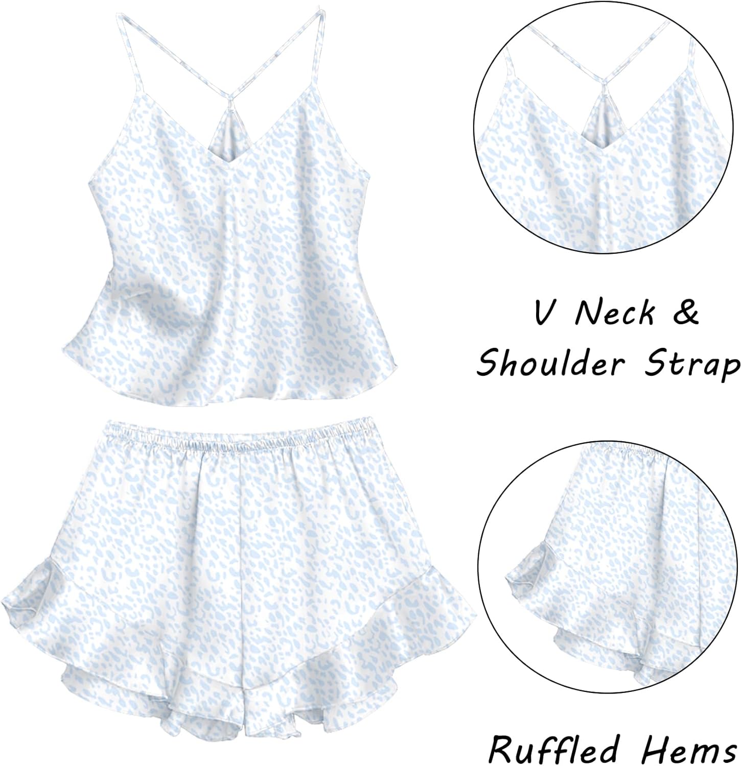 Ekouaer Satin Pajama Set for Women 2 Piece Camisole Top and Shorts Silk Lingerie with Ruffle Floral Nightwear - Image 4