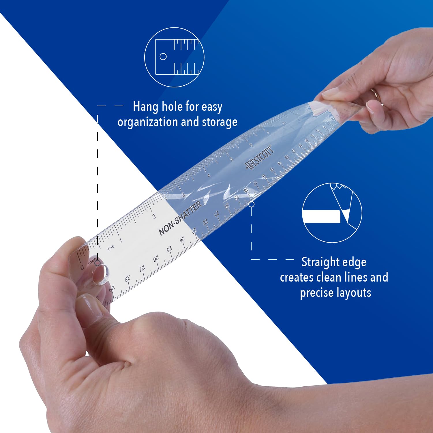 Westcott Flexibles, bruchsicheres Lineal, 30,5 cm, flexibles Design mit leicht ablesbaren Markierungen, transparent, für Zuhause, Büro, Klassenzimmer, Schulanfang, Schulbedarf