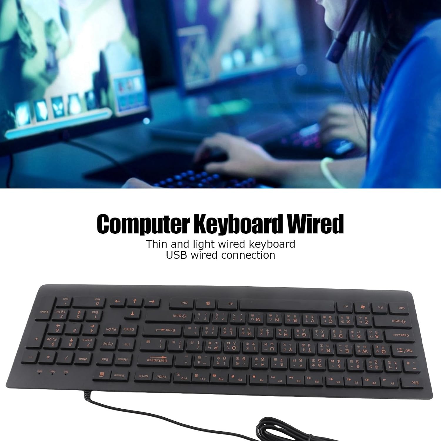 Bilingual Chinese English Wired Computer Keyboard, Chinese USB PC Keyboard Comfortable Hand Feel Silent Typing, 108-keys Full-Sized Keyboard for Home, Office, Plug and Play
