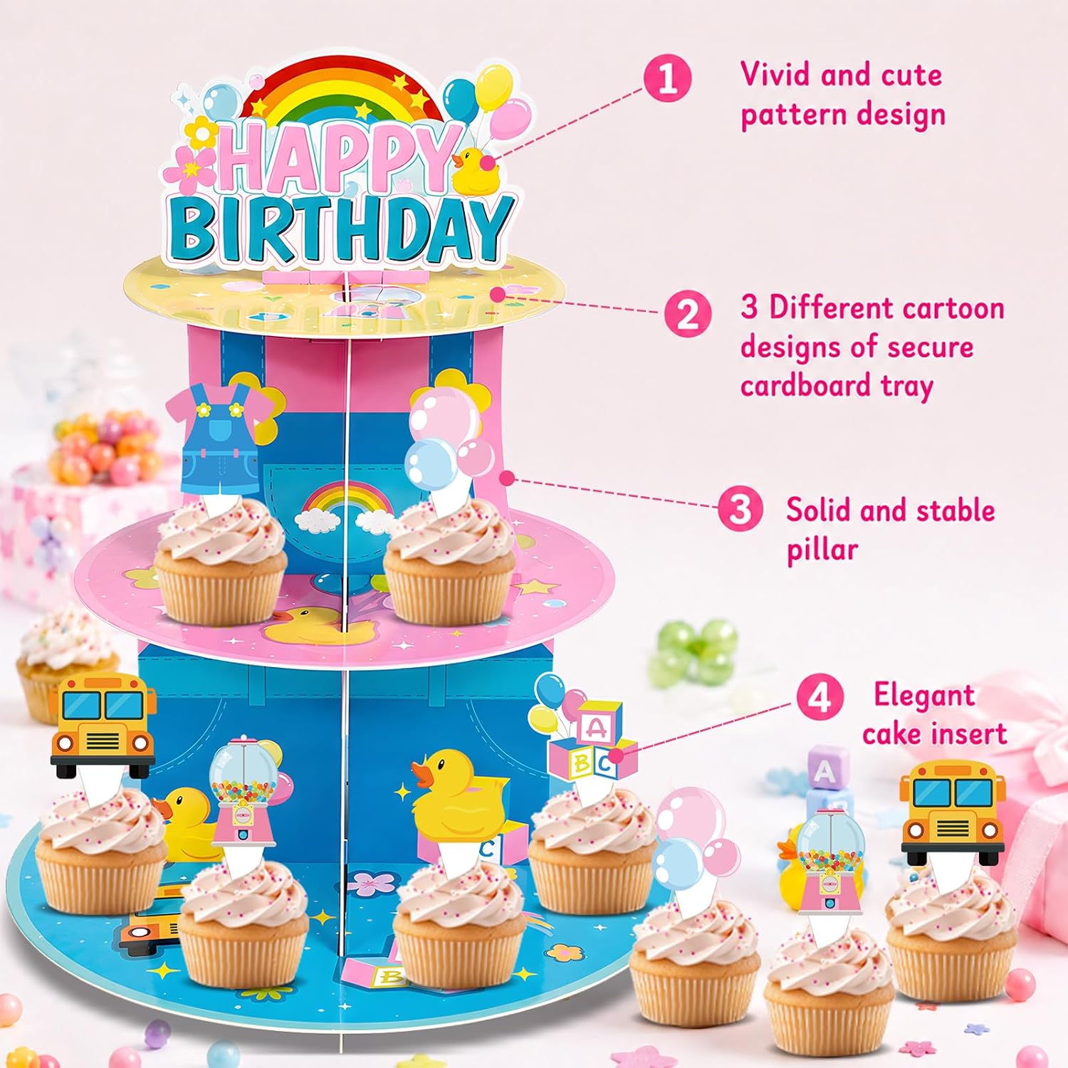 19Pcs Cartoon Teacher Cupcake Stand English Teacher Party Decorations Cartoon Girls Cake Toppers 3 Tier Rainbow ABC Dessert Stand for Girls Birthday Baby Shower Party Decoration Favor Supplies image 4