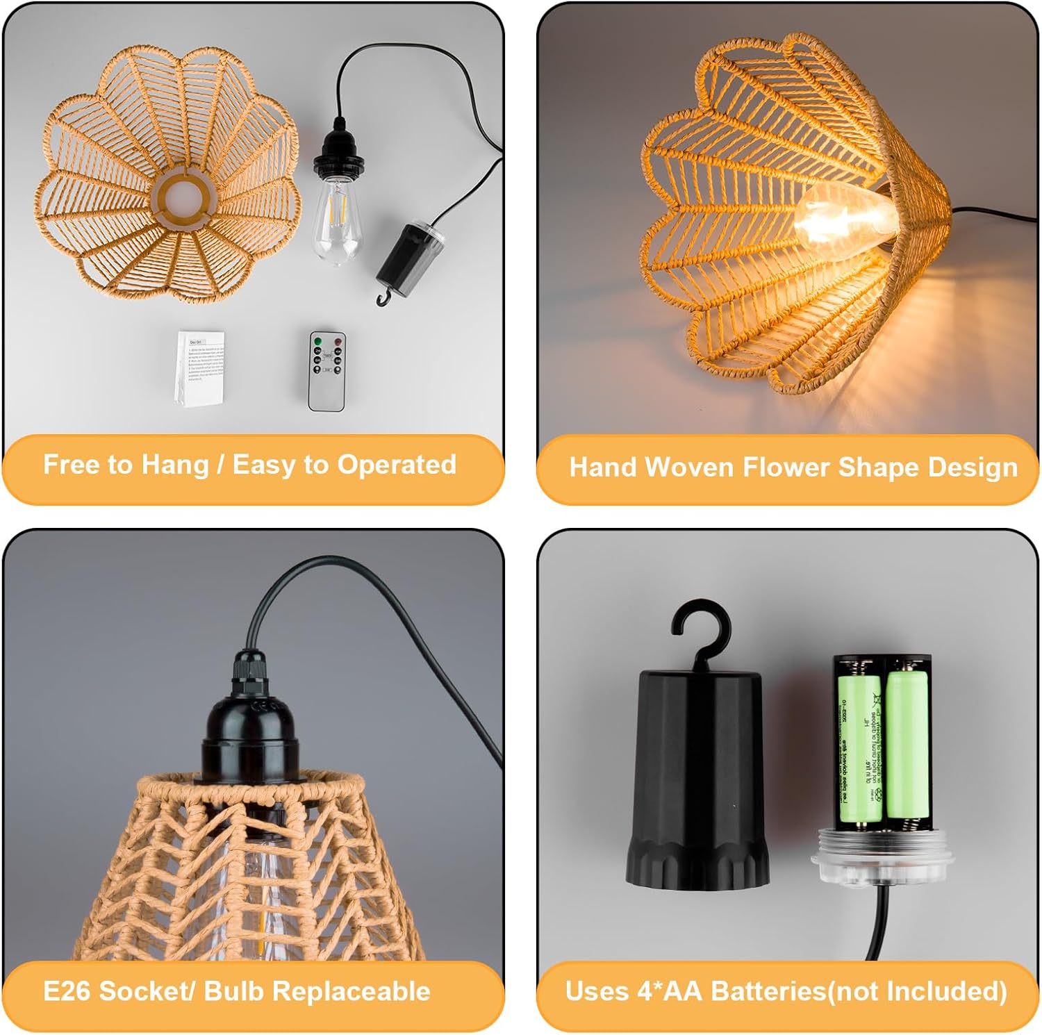 Battery Operated Hanging Outdoor Chandelier, Battery Power Pendant Light, 2 Pack Gazebo Lights Waterproof for Pergola, Porch, Balcony, Patio, Kitchen Islands, Indoor Bedroom Decor Lighting