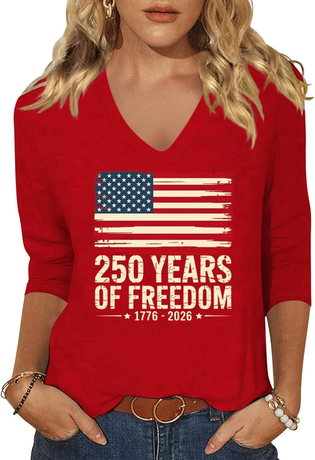 Womens 3/4 V Neck Sleeve American Flag Shirts 4th of July Summer Shirts Graphic Tops