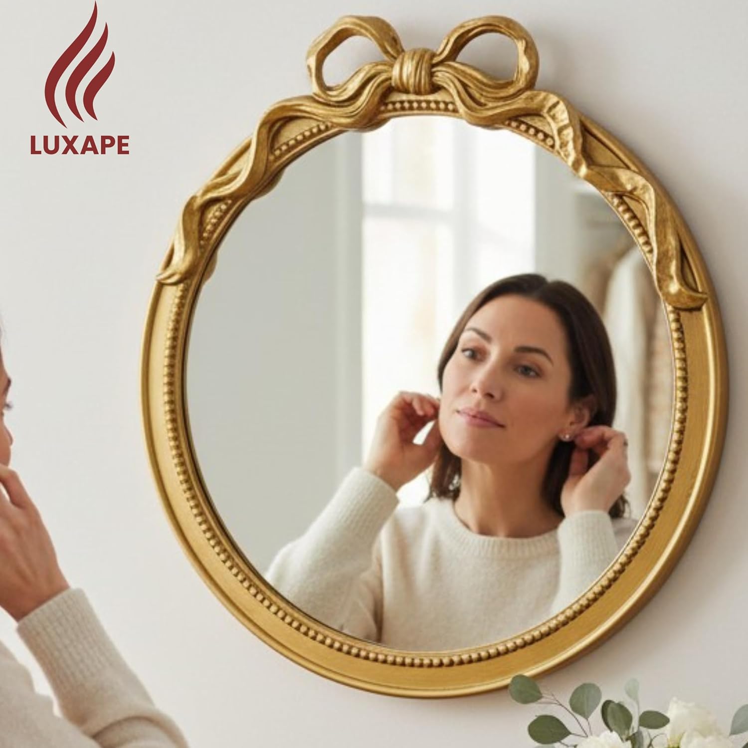 24-Inch Gold Bow Resin Mirror – Perfect Decorative Accent for Nursery and Elegant Baby Room Decor (Gold, 26x24in)