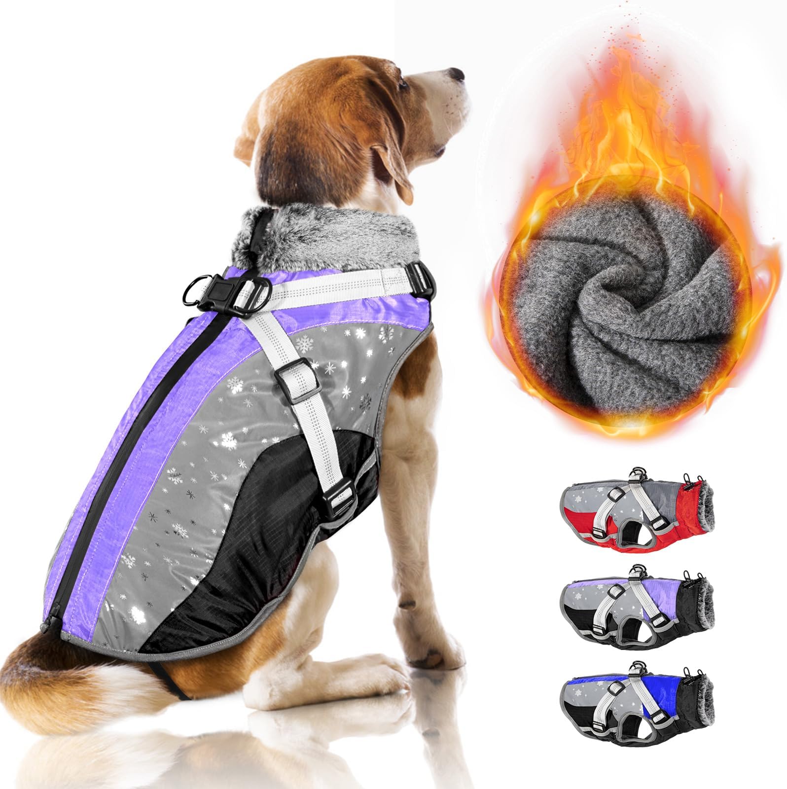 SlowTon Winter Dog Coat with Detachable Harness, Waterproof Fleece
