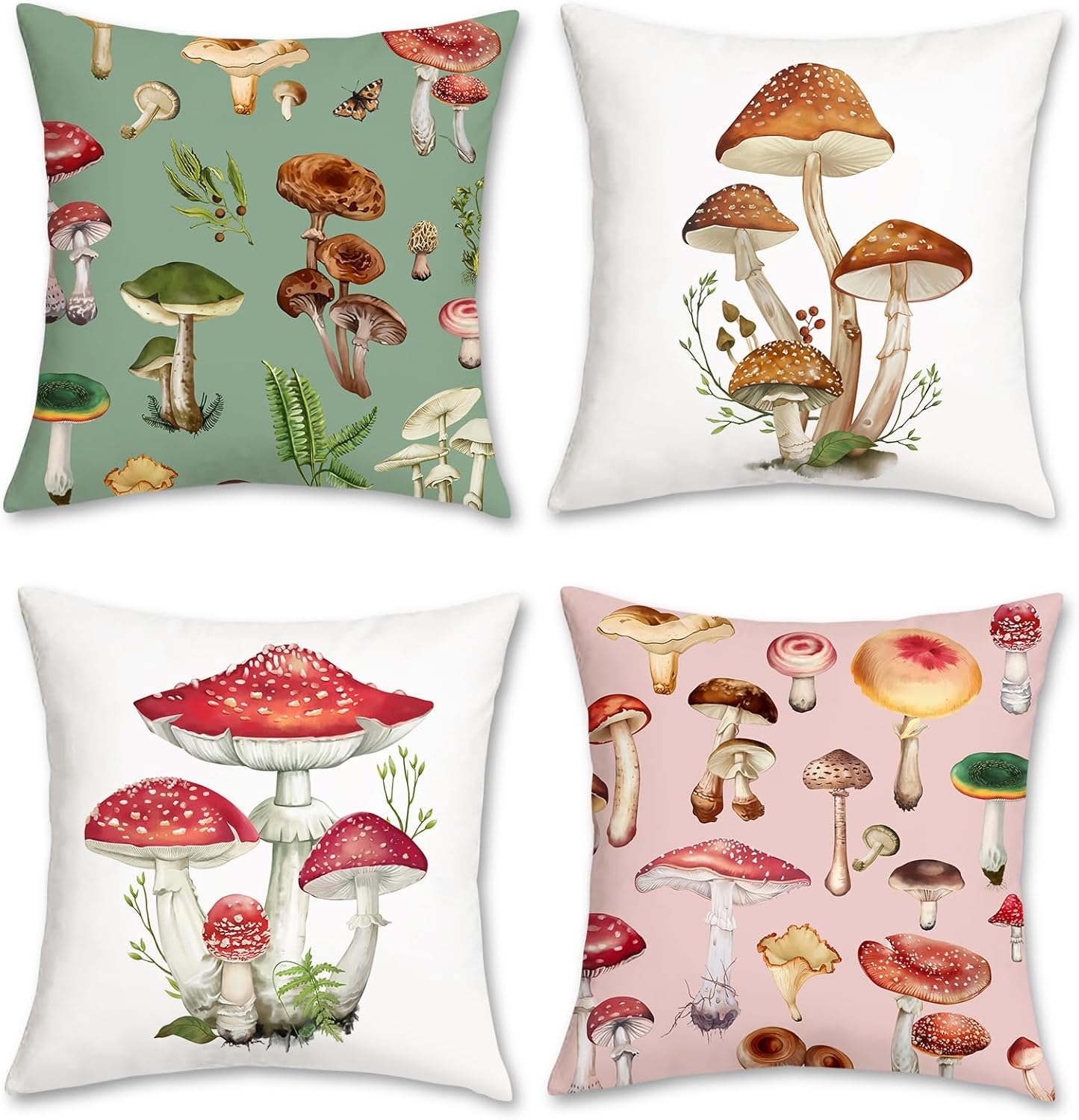Bonhause Mushroom Throw Pillow Covers 18 x 18 Inch Various Mushrooms Green Pink Decorative Pillows Soft Velvet Cushion Cases for Couch Sofa Bed Home Decor Set of 4